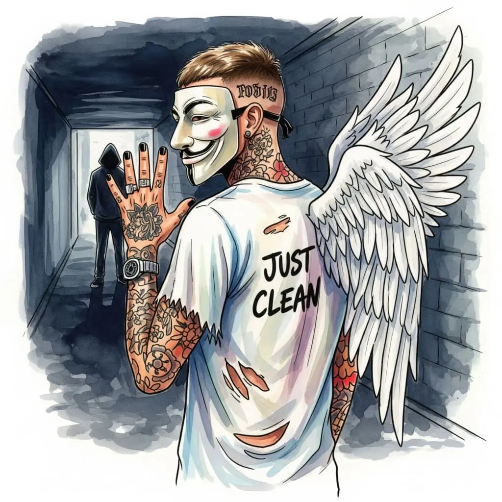 Eine Person mit Kapuze steht in einer schummrigen Gasse oder Unterführung. Man sieht sie nur von hinten. Symbolisiert die dunkle Vergangenheit und den Dealer-Kontakt.  "Umgang mit Dealern", "Sucht Trigger", "Vergangenheit hinter sich lassen"