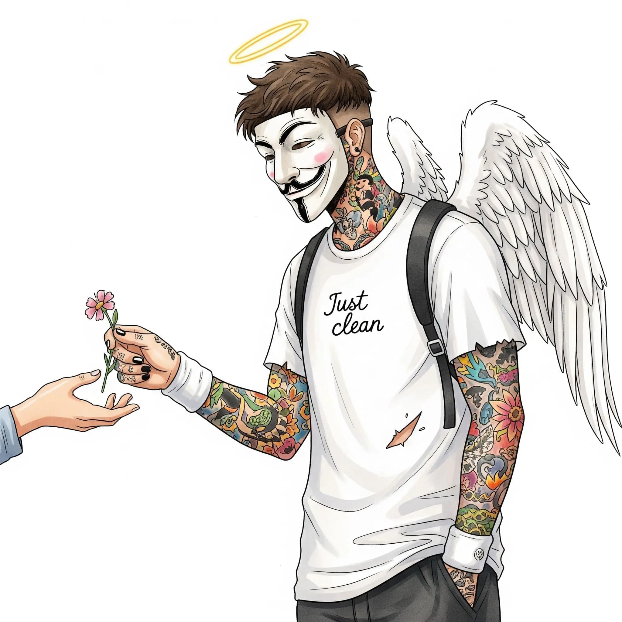 Zwei Hände, die sich gegenseitig etwas übergeben (z.B. eine Blume). Der Fokus liegt auf der Geste des Gebens und der Verbindung. "Geben und Nehmen", "Karma im Alltag", "Menschlichkeit zeigen"