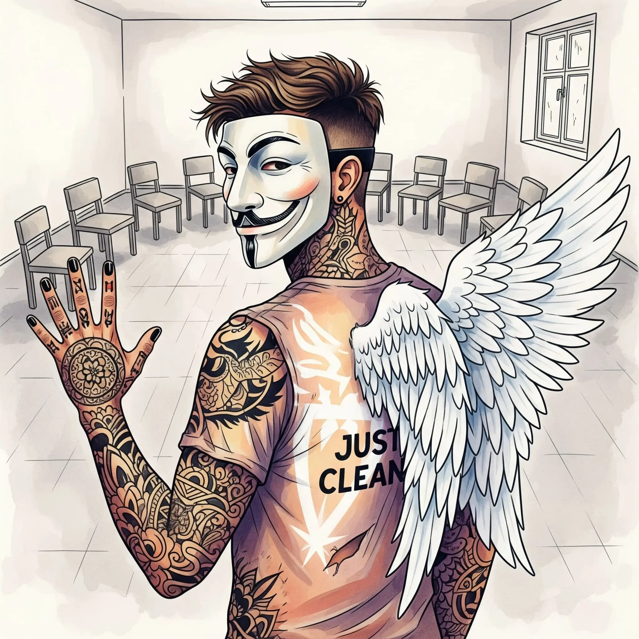 Ein leerer Stuhlkreis in einem schlichten Raum. Symbol für Selbsthilfegruppen, Gemeinschaft und die Leere, die man manchmal fühlt.  "Selbsthilfegruppe Sucht", "Gemeinschaft im Entzug", "Triggerpunkt Weihnachten"