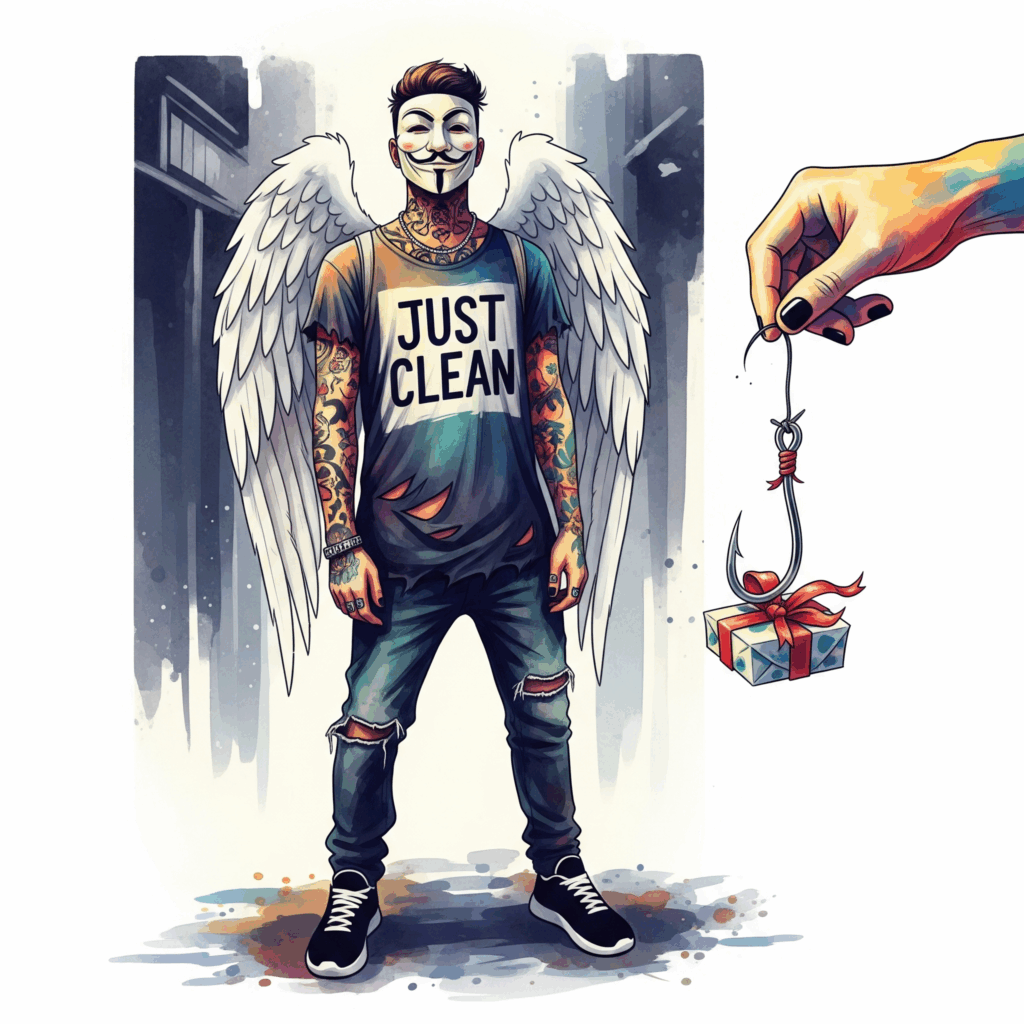 Eine Hand, die einer anderen Person einen Köder hinhält, der wie ein Geschenkpaket aussieht, aber an einem Angelhaken hängt. Symbolisiert die Manipulation und die falschen "Geschenke" der Dealer. "Manipulation durch Dealer", "Sucht und Ausnutzung", "Drogenhandel Taktiken"