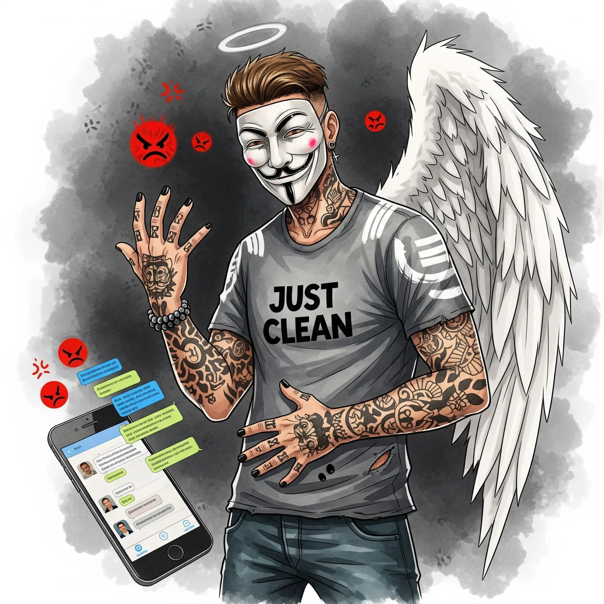 Ein Smartphone-Bildschirm mit wütenden Chat-Nachrichten, die aufploppen. Der Hintergrund ist dunkel und bedrohlich. Symbolisiert den Trigger von außen. "Streit als Trigger", "Wut im Entzug", "Umgang mit Konflikten"