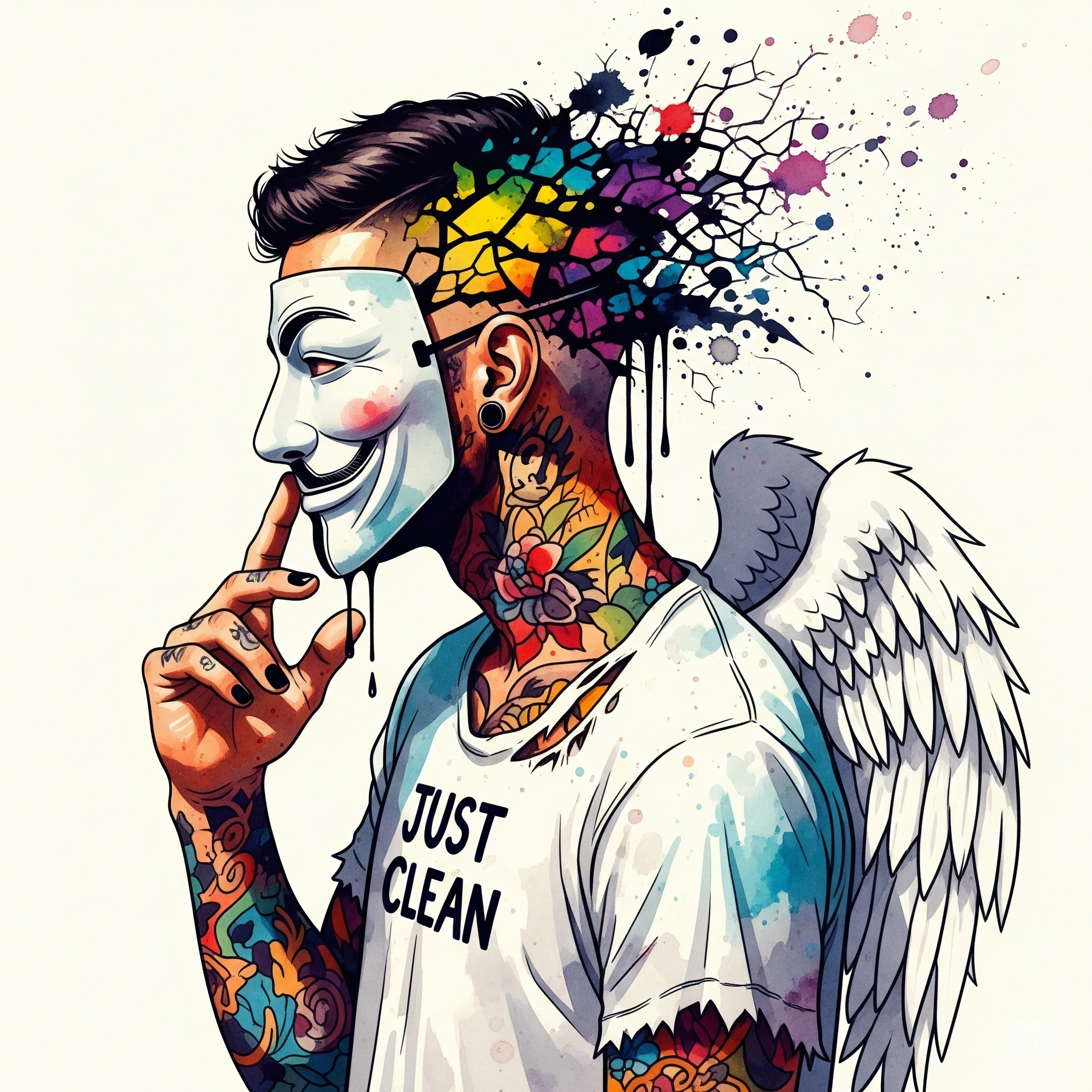 Ein Bild eines Kopfes im Profil, der wie ein zersplittertes Mosaik aussieht. Durch die Risse sickern dunkle, aber auch helle Farben. Symbolisiert das innere Chaos, aber auch die neuen, durchbrechenden Emotionen. "Rückfall Aufarbeitung", "innere Zerrissenheit", "Trauma und Sucht"