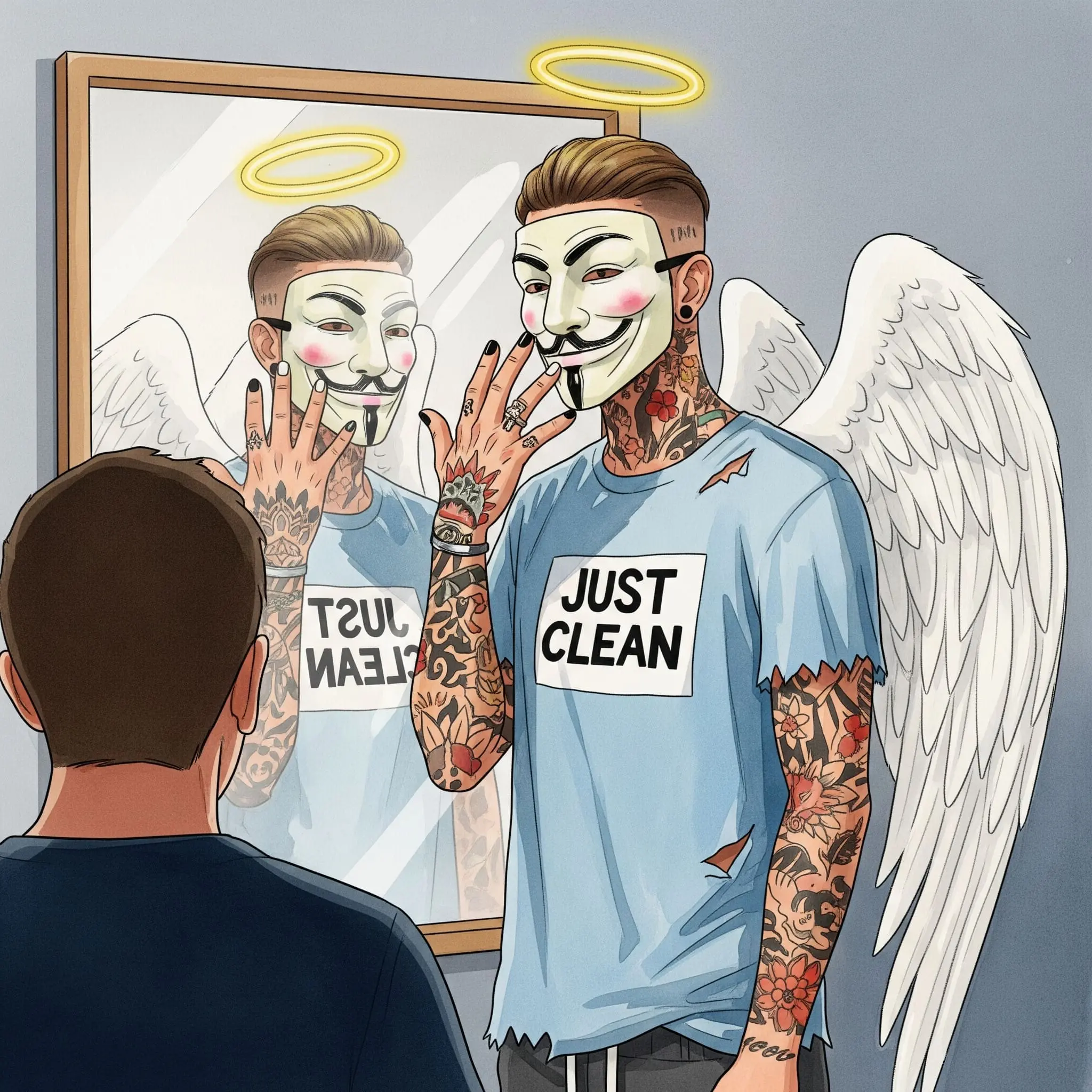 Eine Person steht vor einem Spiegel, ist aber nur als unscharfe Silhouette zu sehen. Der Fokus liegt auf dem klaren Spiegelbild. Symbolisiert die ehrliche Selbstreflexion und den Beginn der Veränderung. "Selbstreflexion im Spiegel", "ehrliches Feedback", "Beginn der Selbstfürsorge"