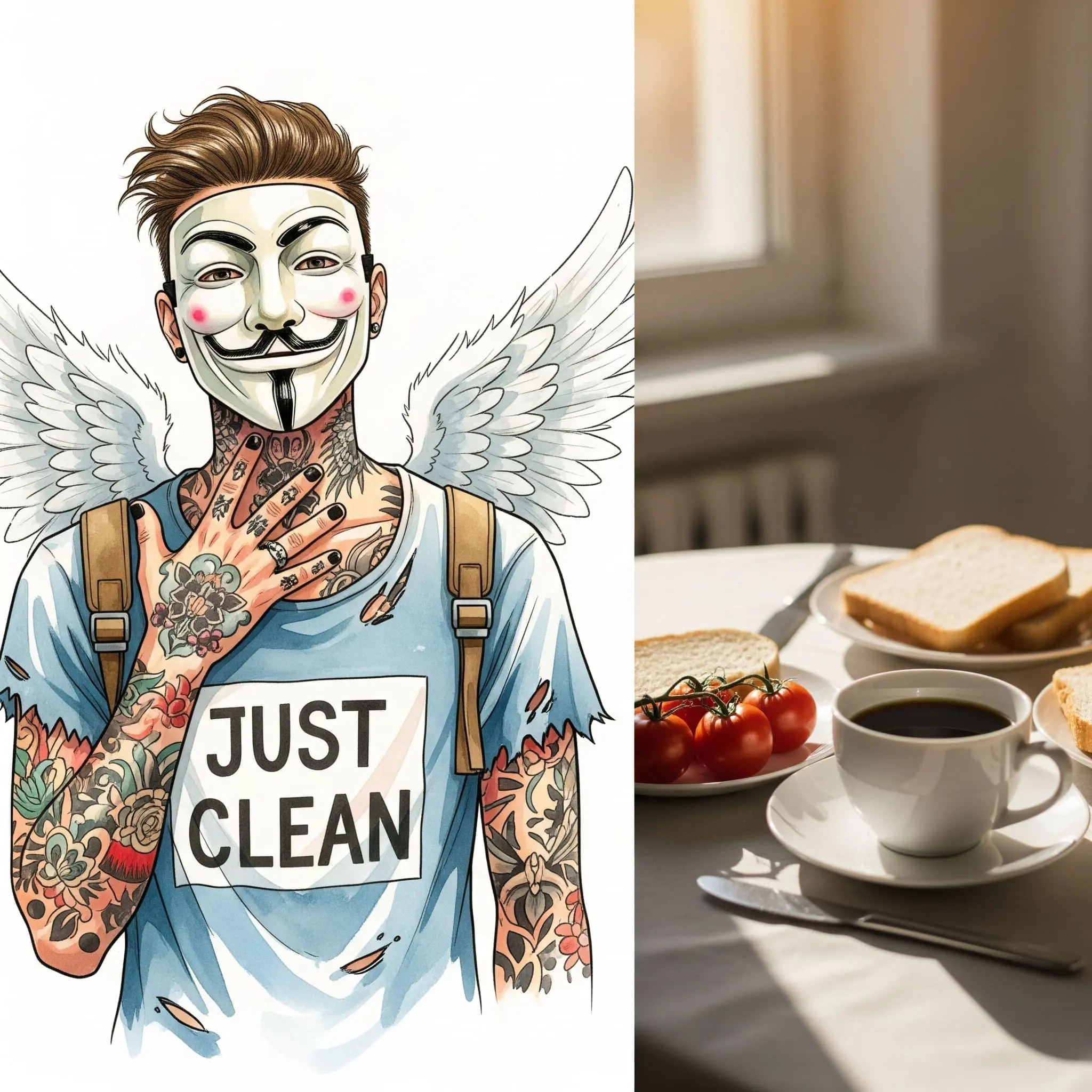 Eine Nahaufnahme eines gedeckten Frühstückstisches, mit einer Tasse Kaffee, Toast und frischen Tomaten. Das Licht ist warm und morgendlich.  "Dankbarkeit am Morgen", "einfache Freuden im Entzug", "clean frühstücken"