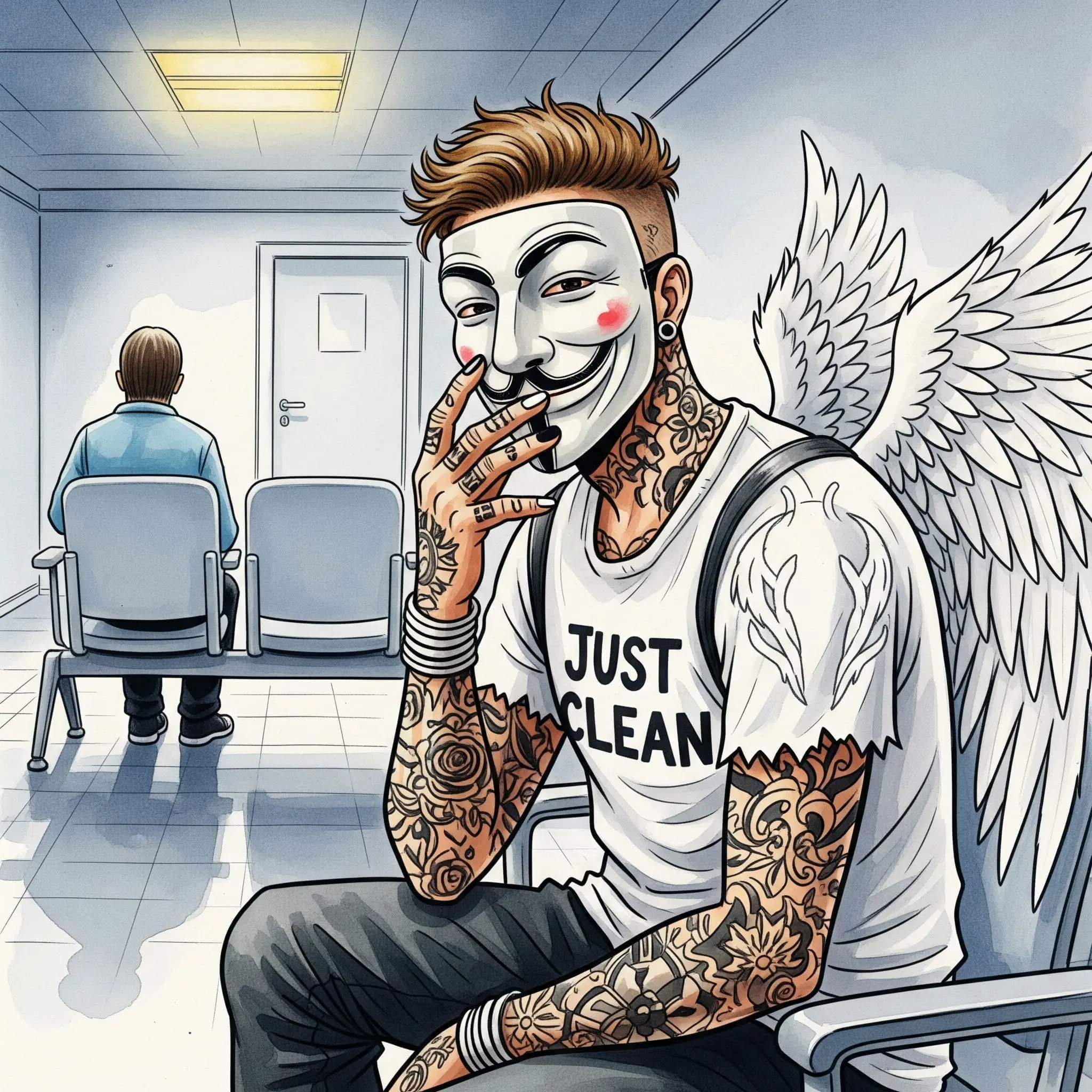 Eine Person sitzt frustriert in einem leeren Wartezimmer-Stuhl. Das Licht ist gedimmt. Es vermittelt das Gefühl von Warten, Bürokratie und Einsamkeit. "frustriert beim Arzt warten", "Kampf gegen Bürokratie", "mentale Hürden im Entzug"