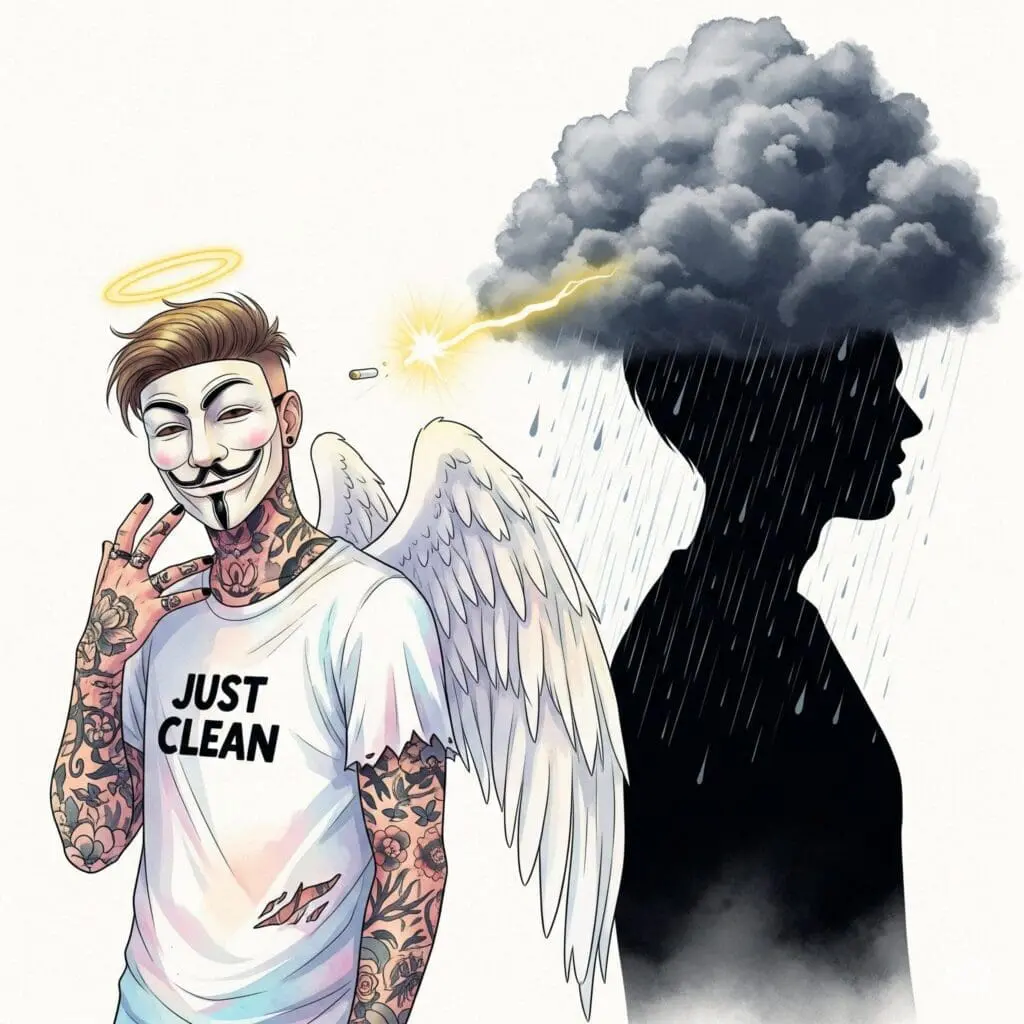 Die Silhouette einer Person, in deren Kopf sich eine schwere, dunkle Regenwolke befindet. Ein einzelner, künstlich leuchtender Blitz (Droge) zuckt kurz auf, macht die Wolke aber nicht heller. Symbolisiert die vergebliche Selbstmedikation. "Depression und Drogen", "Selbstmedikation bei Depression", "psychische Gesundheit"