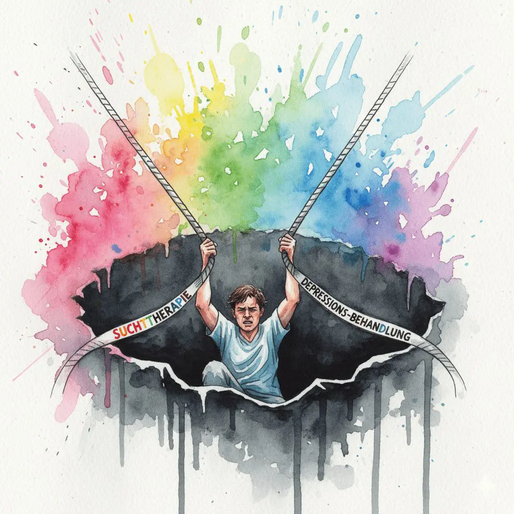 Eine Person klettert mit zwei Seilen (Suchttherapie, Depressions-Behandlung) aus einem Loch. Symbol für die Notwendigkeit der integrierten Behandlung einer Doppeldiagnose.