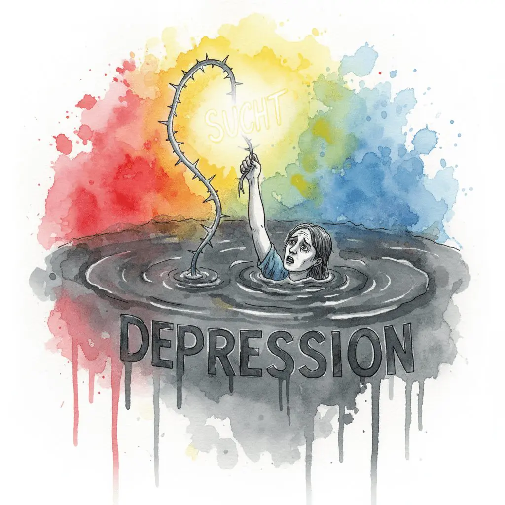 Eine Person im Sumpf der Depression greift nach einer dornigen Ranke der Sucht. Symbol für die trügerische Rettung durch Selbstmedikation.