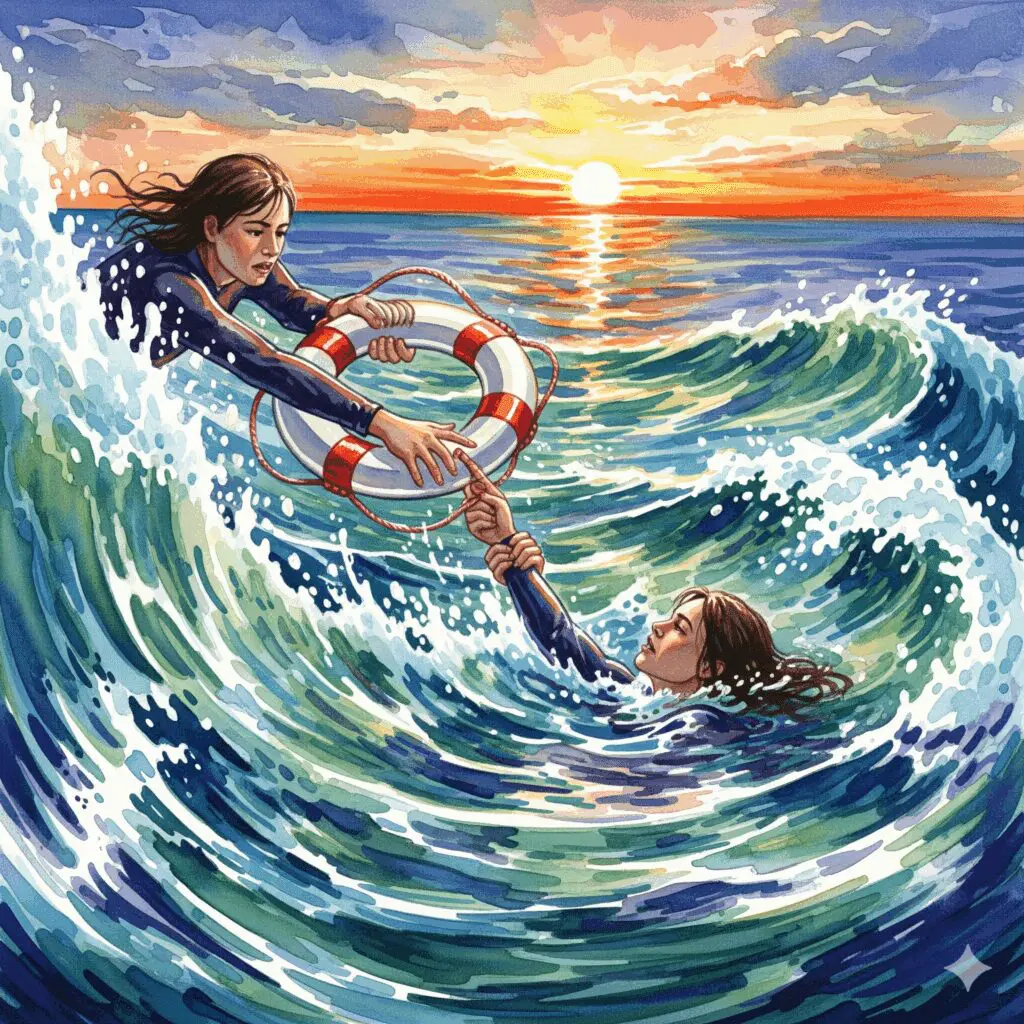 Eine Person wird von einer ertrinkenden Person mit unter Wasser gezogen, als Symbol für die Gefahr der Co-Abhängigkeit und des falschen Helfens bei Sucht.