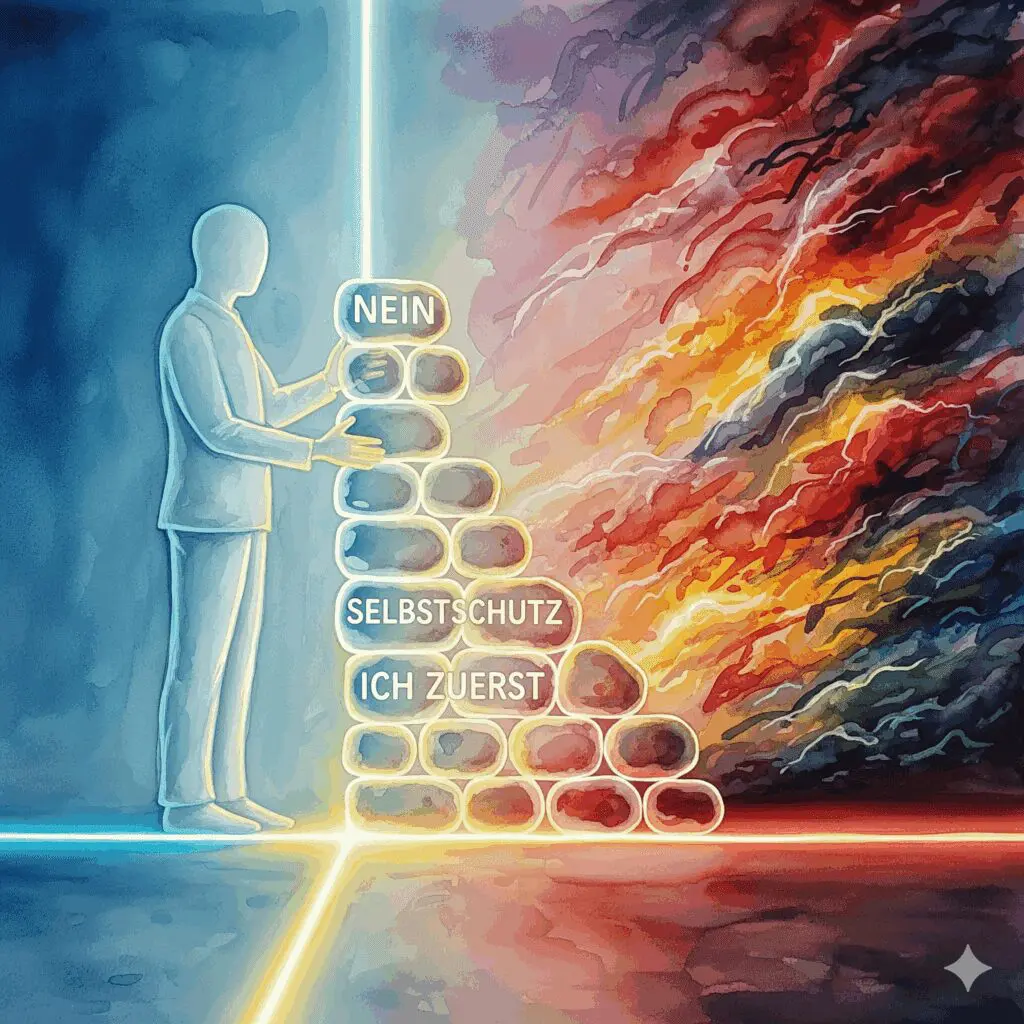 Eine Person baut eine schützende Mauer mit der Aufschrift "NEIN" gegen einen Sturm, als Symbol für das Setzen gesunder Grenzen gegenüber einem süchtigen Menschen.