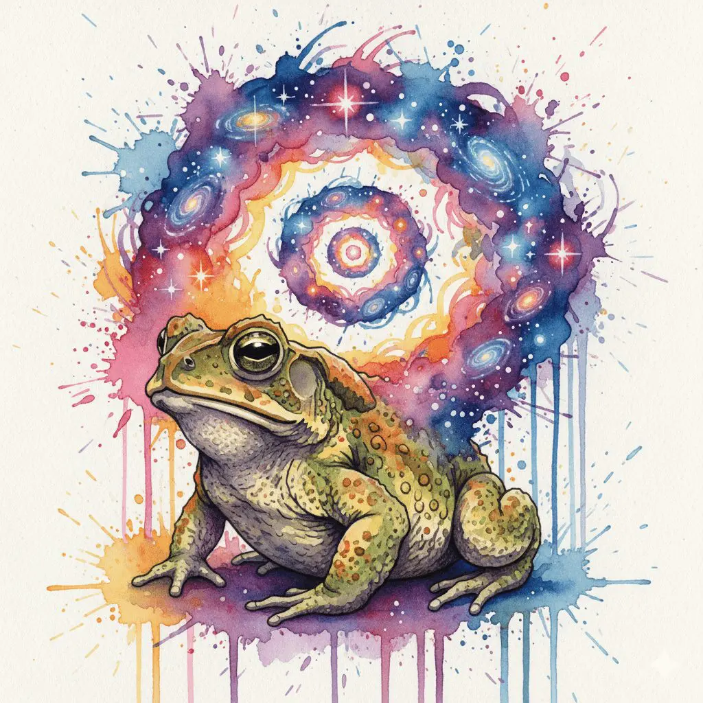 Künstlerische Darstellung der Colorado-River-Kröte, aus deren Rückensekret ein kosmischer Nebel (5-MeO-DMT) aufsteigt.
