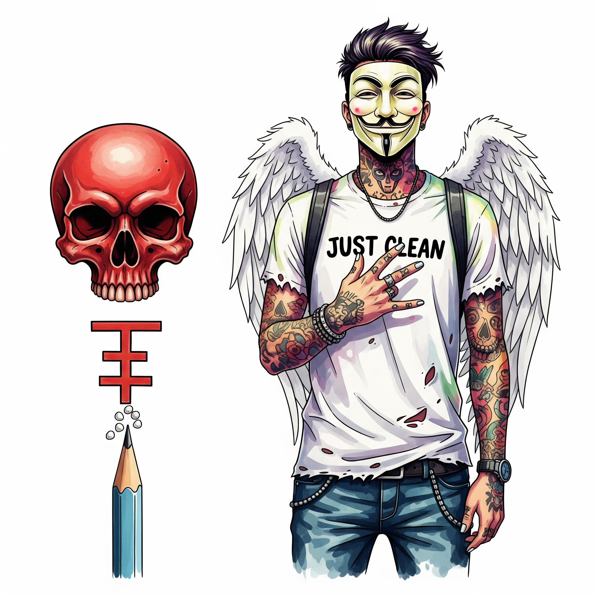 Ein sehr grafisches Bild. Ein einzelner Bleistift, auf dessen Spitze ein paar winzige weiße Körnchen liegen. Daneben ein großes, rotes Totenkopf-Symbol ☠️. Symbolisiert die winzige, aber tödliche Dosis "tödliche Dosis Fentanyl", "Fentanyl Potenz", "Gefahr synthetische Opioide"