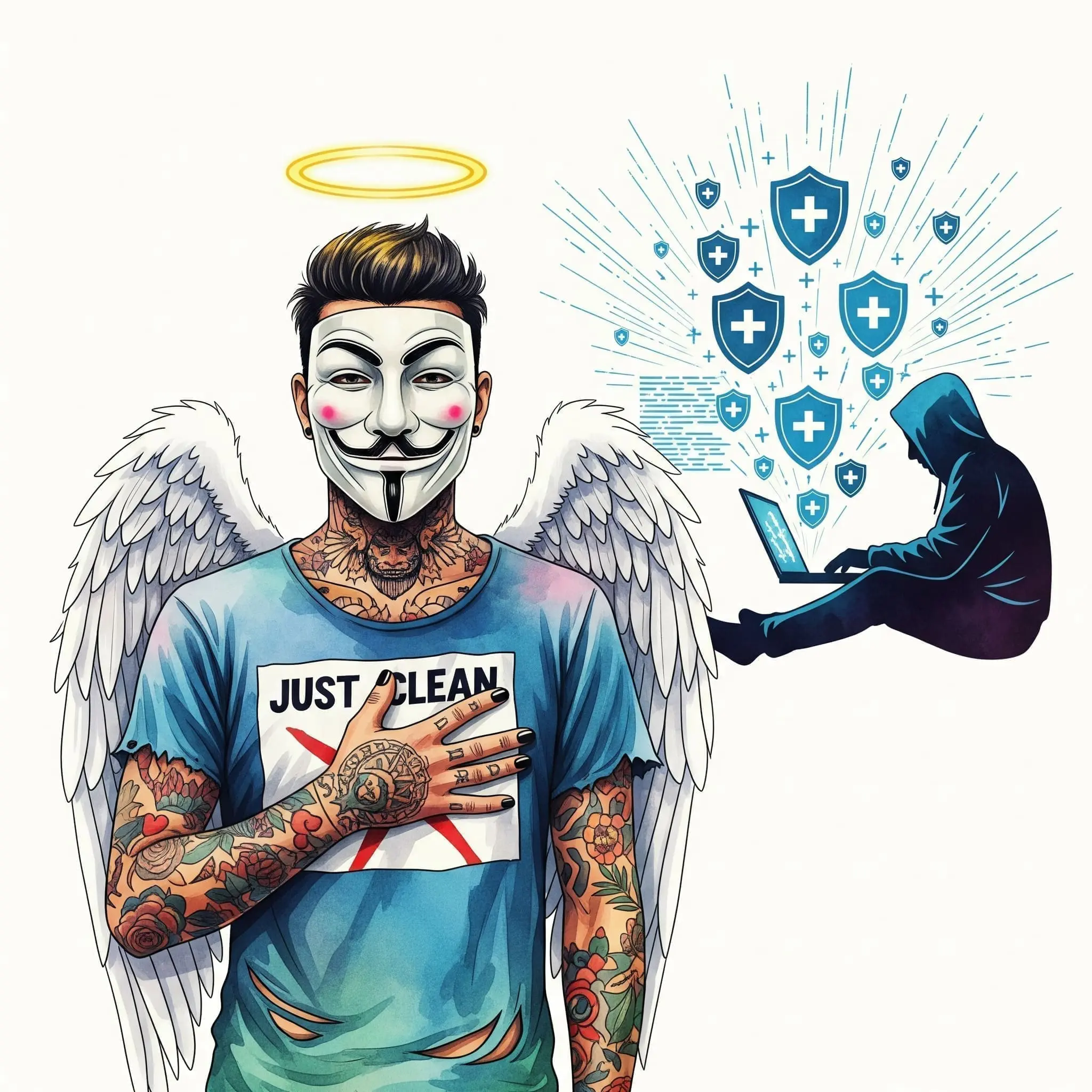 Eine stilisierte Grafik einer Person im Hoodie, die an einem Laptop sitzt. Statt schädlichem Code fliegen aber Schutzschilde 🛡️ und Plus-Zeichen ❤️ aus dem Bildschirm. Symbolisiert den "Good Guy Hacker". "alte Skills neu nutzen", "Sinn finden in Recovery", "Kampf gegen Drogenhandel"