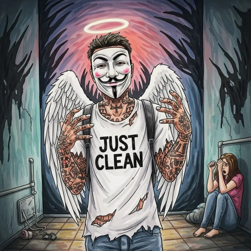 Eine Person, die sich verängstigt in einer Ecke verkriecht. Die Umgebung ist verzerrt und voller bedrohlicher Schatten. Symbolisiert den psychotischen Horrortrip. "Psychose durch Drogen", "Horrortrip Badesalz", "Nebenwirkungen MDPV"