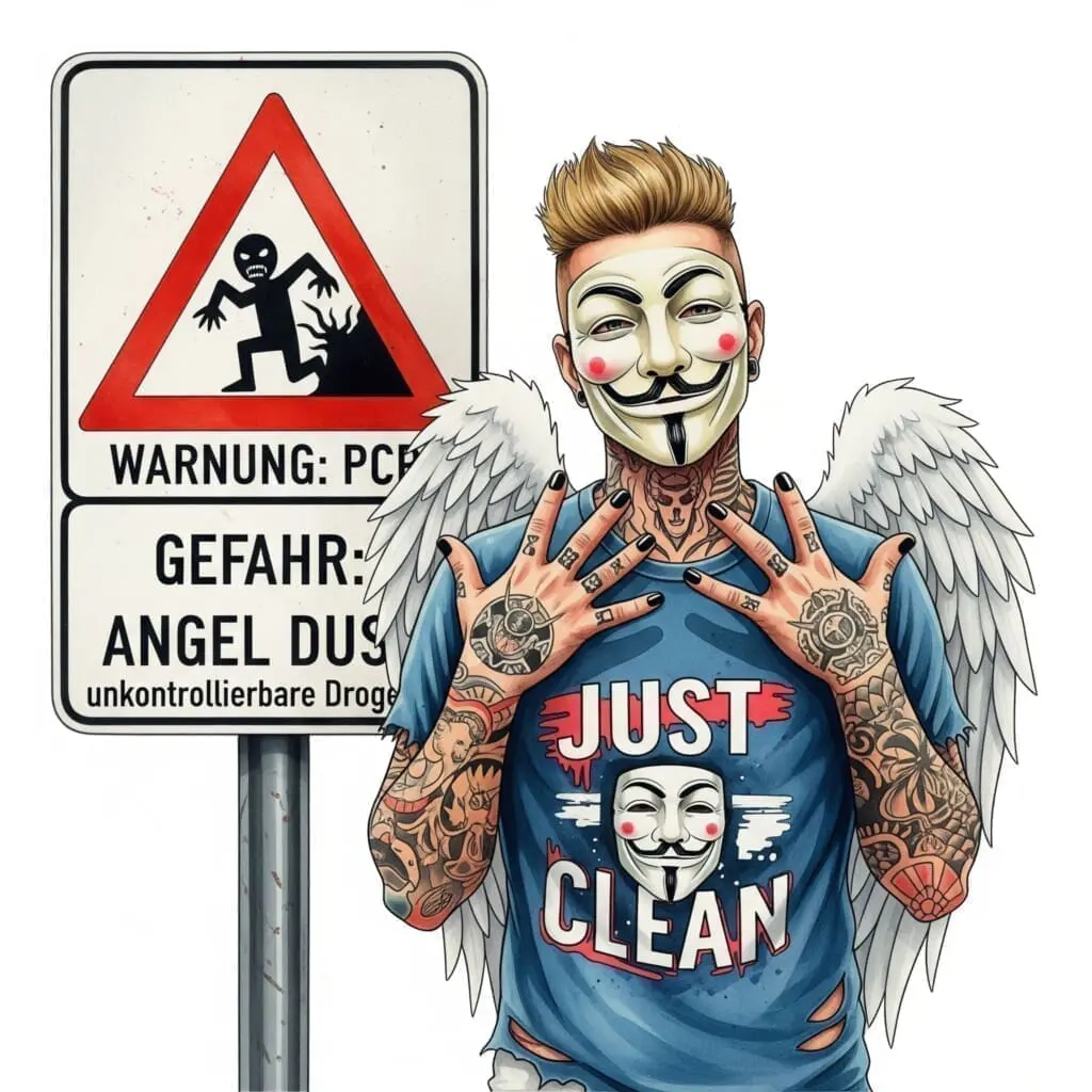 Ein Warnschild (ähnlich einem Straßenschild), das eine stilisierte, aggressive und unkontrollierbare Figur zeigt. Das Schild sollte "WARNUNG: PCP" oder "GEFAHR: ANGEL DUST" lauten. "Gefahr von PCP", "Warnung Angel Dust", "unkontrollierbare Droge"