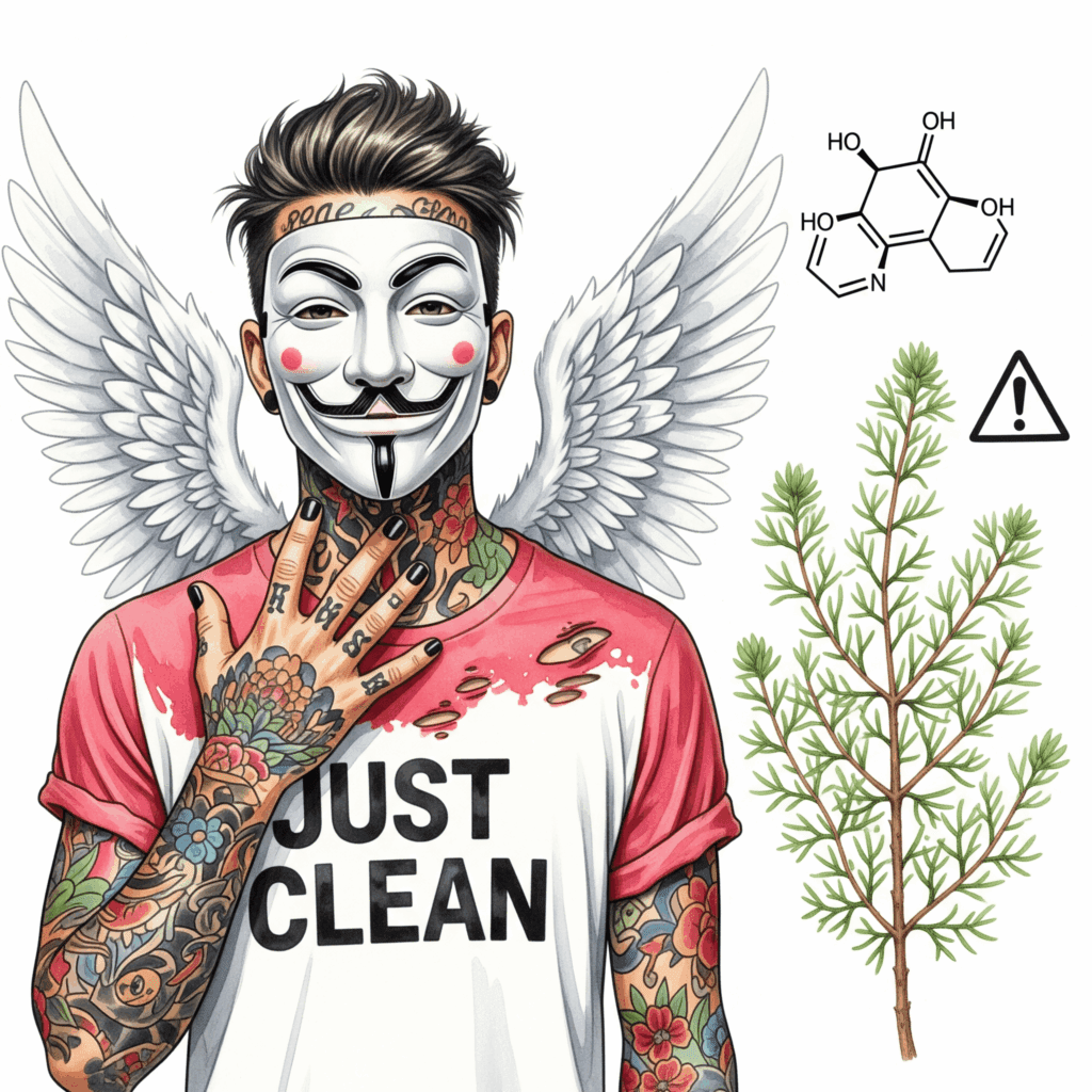 Eine Nahaufnahme der Ephedra-Pflanze – sie sieht aus wie ein kleiner, unscheinbarer, grüner Busch mit vielen dünnen Ästen. Daneben eine stilisierte Grafik eines Amphetamin-Moleküls mit einem Warnsymbol. Symbolisiert die versteckte chemische Gefahr in der unscheinbaren Pflanze. "Ephedra Pflanze", "Ephedrin und Amphetamin", "natürliche Stimulanzien"
