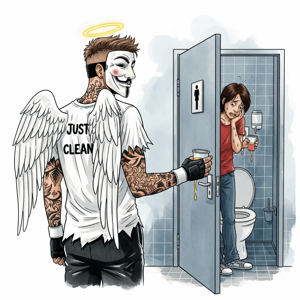 Eine Person, die nervös und verschwitzt vor einer geschlossenen Toilettentür steht und einen Urinbecher in der Hand hält. Die Szene ist beklemmend. Symbolisiert den Stress und die Angst vor dem Test. "Angst vor Drogentest", "Stress bei Urinkontrolle", "Sucht und Kontrolle"