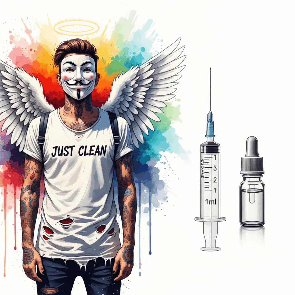 Eine Nahaufnahme einer 1-Milliliter-Spritze (ohne Nadel!) neben einer kleinen Pipettenflasche. Die Szene ist präzise und fast klinisch. Symbolisiert die Notwendigkeit der exakten Dosierung. "GBL Dosierung", "GHB richtig dosieren", "Safer Use GBL"