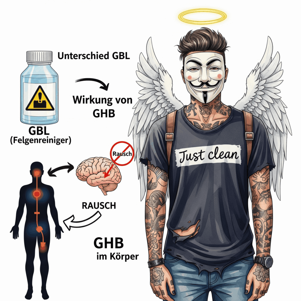 Eine Grafik, die den Prozess zeigt. Links eine Flasche mit einem Industrie-Warnsymbol und der Aufschrift "GBL (Felgenreiniger)". Ein Pfeil zeigt auf eine stilisierte Silhouette eines Körpers. Ein weiterer Pfeil zeigt von dort zu einem Gehirn mit einem "Rausch"-Symbol und der Aufschrift "GHB". Symbolisiert die Umwandlung im Körper. "Unterschied GBL GHB", "Wirkung von GBL", "GHB im Körper"