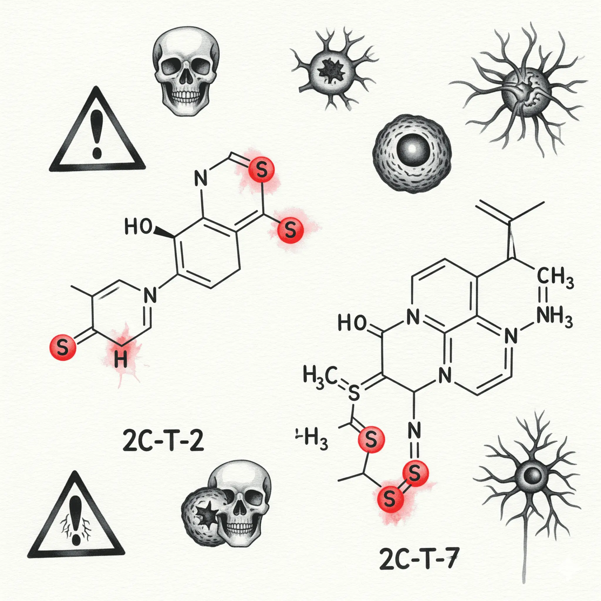 2C-T-2 2C-T-7 chemische Struktur Molekül Schwefel Toxizität Neurotoxizität wissenschaftlich gefährlich