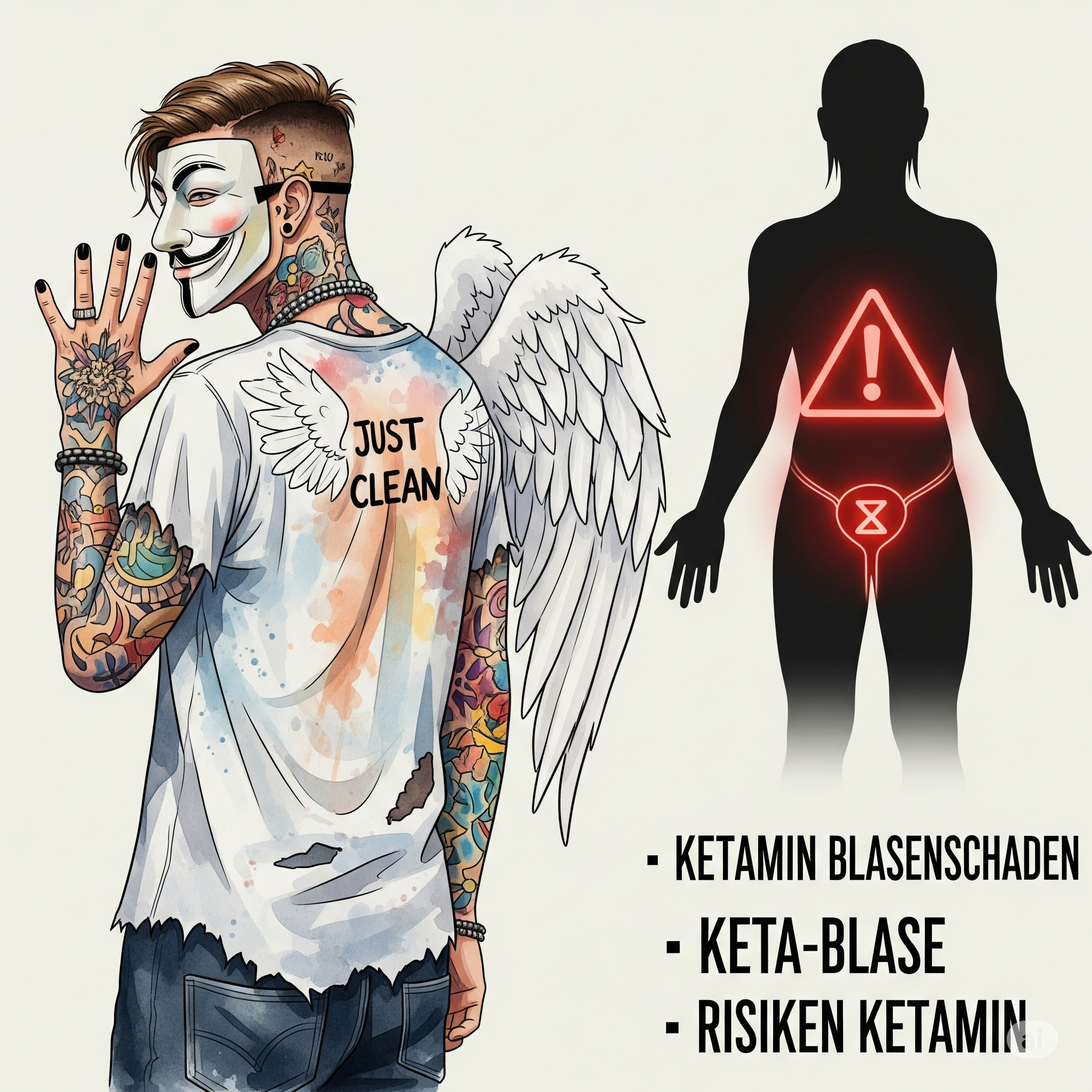 Eine klare Infografik, die eine menschliche Silhouette zeigt, mit einem großen, rot leuchtenden Warnsymbol ⚠️ auf der Blase. Symbolisiert die Gefahr der Ketamin-Zystitis "Ketamin Blasenschaden", "Keta-Blase", "Risiken Ketamin"