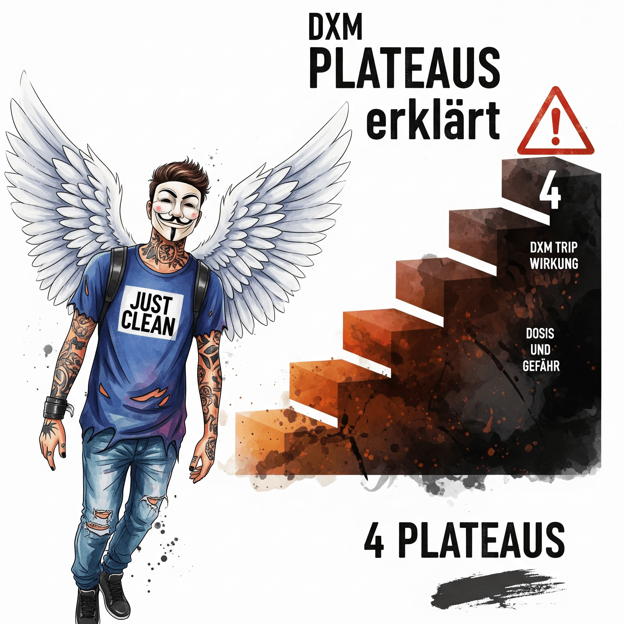 Eine Grafik, die die "4 Plateaus" als Treppe darstellt. Jede Stufe wird dunkler und chaotischer. Oben auf der vierten Stufe steht ein großes Warnsymbol. Symbolisiert die Eskalation der Gefahr mit steigender Dosis. "DXM Plateaus erklärt", "DXM Trip Wirkung", "Dosis und Gefahr"