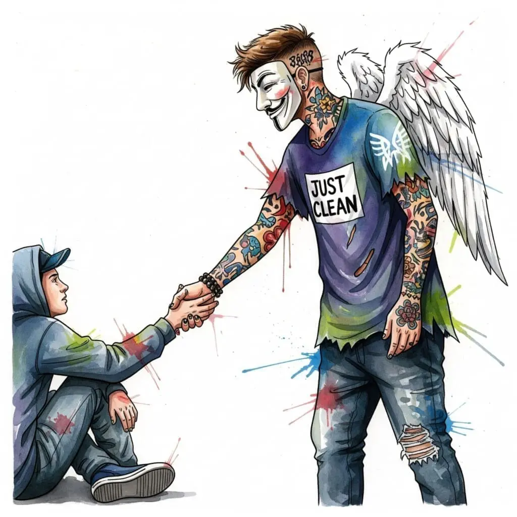 Eine einzelne Person, die einer anderen Person, die am Boden sitzt, die Hand reicht. Die Geste ist unterstützend, nicht bevormundend. Symbolisiert die Hilfe unter Peers. "Freund im Rückfall helfen", "Peer Support Sucht", "füreinander da sein"