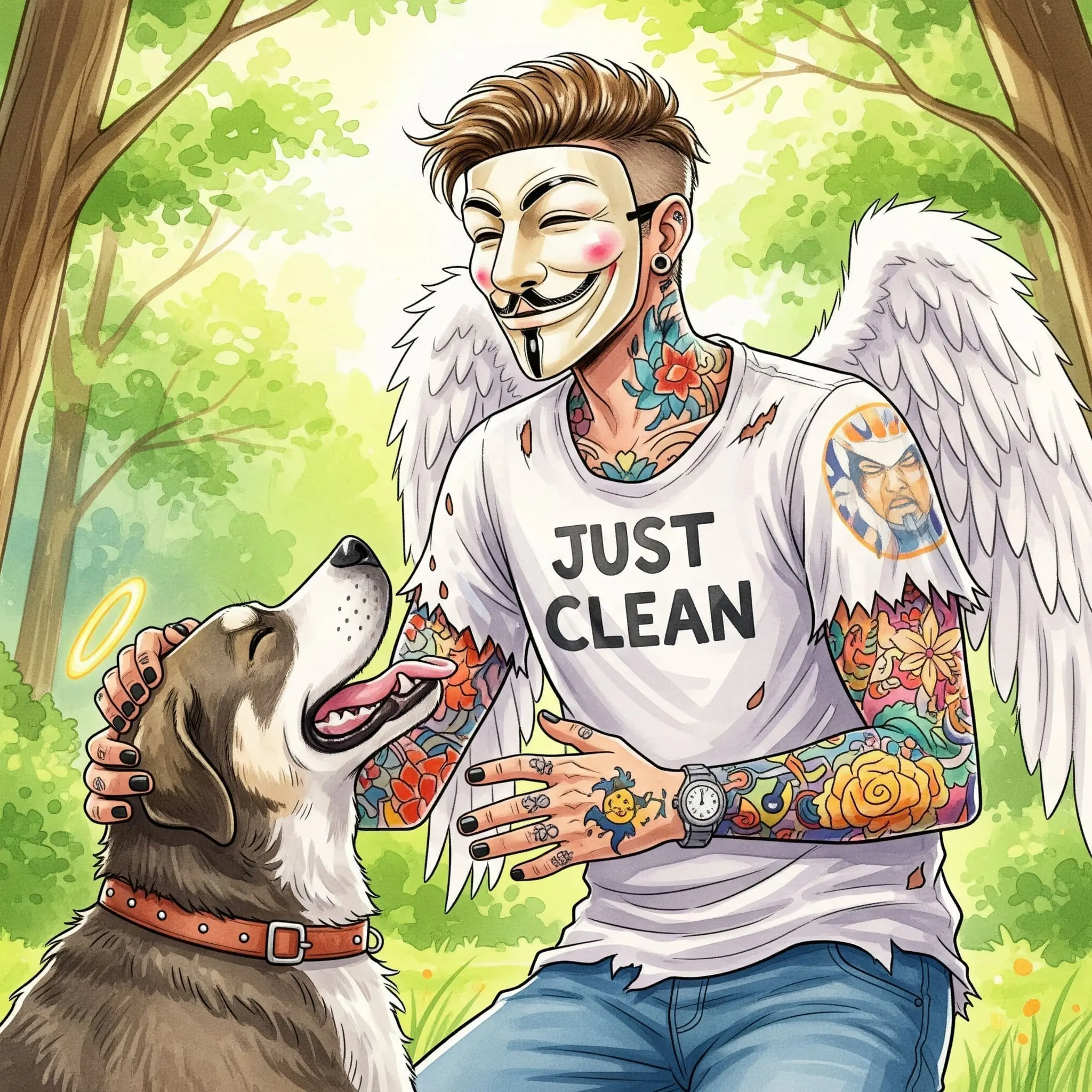 Eine Person lacht herzlich, während sie einen großen Hund streichelt. Die Szene ist draußen, in einem Park oder Wald, das Licht ist freundlich. Symbolisiert die unschuldige, reine Freude. "Freude im Entzug", "positive Erlebnisse clean", "Hund als Unterstützung"