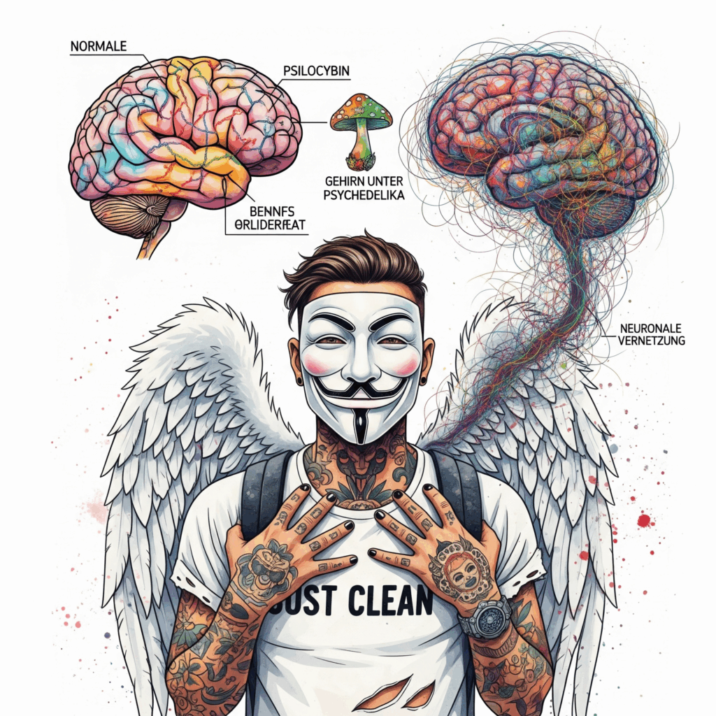 Eine stilisierte Grafik eines menschlichen Gehirns. Normalerweise sind die Verbindungen geordnet. Unter dem Einfluss von Psilocybin (Pilz-Symbol) entstehen unzählige neue, bunte und chaotische Verbindungen zwischen allen Arealen. "Wirkung von Psilocybin", "Gehirn unter Psychedelika", "neuronale Vernetzung"