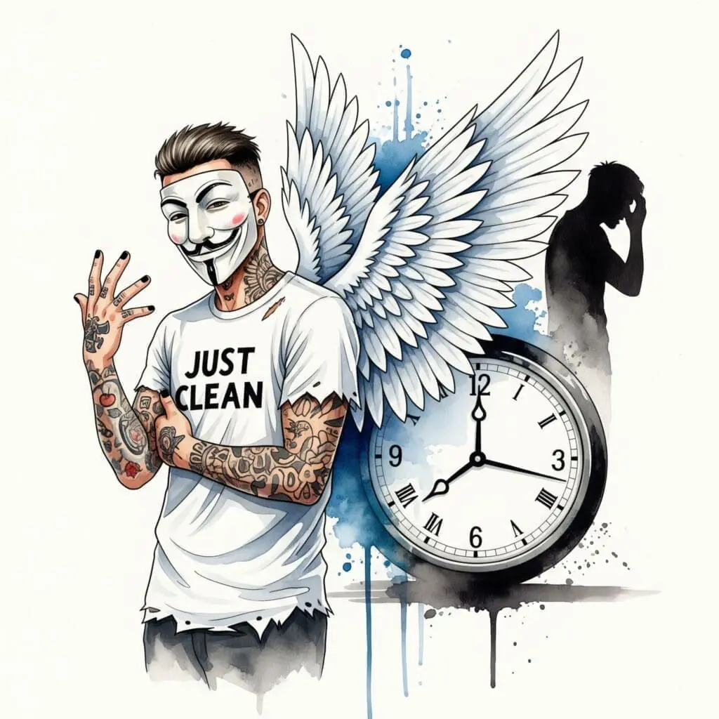 Eine Uhr, deren Zeiger sich sehr langsam bewegen. Im Hintergrund ist eine gestresste oder angespannte Silhouette zu sehen. Symbolisiert den langanhaltenden Suchtdruck. "langanhaltender Suchtdruck", "Craving dauert Stunden", "Realität des Entzugs"