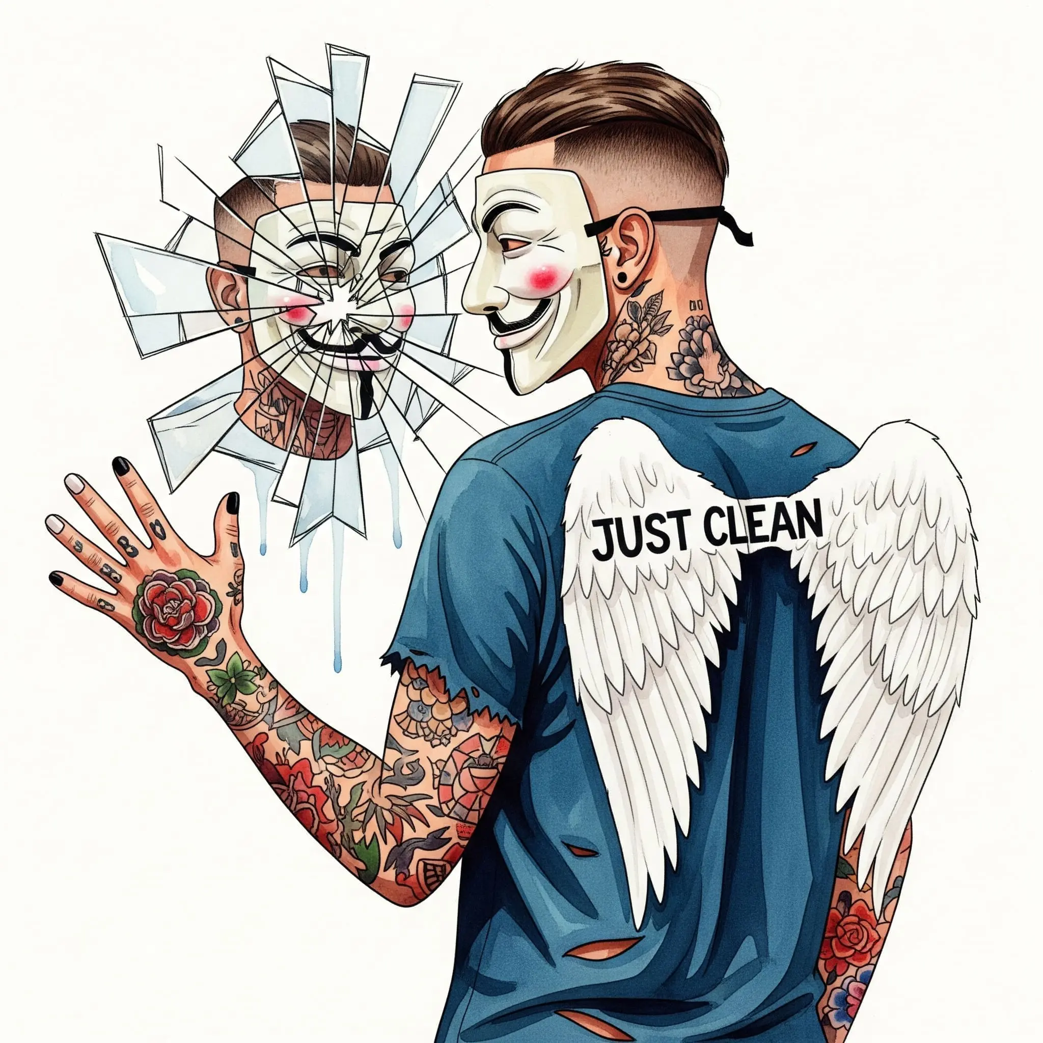 Eine zersplitterte, spiegelnde Oberfläche, in der sich ein Gesicht verzerrt und fragmentiert widerspiegelt. Symbolisiert die Dissoziation und den Realitätsverlust. "Dissoziation PCP", "Wirkung von Angel Dust", "Realitätsverlust Drogen"