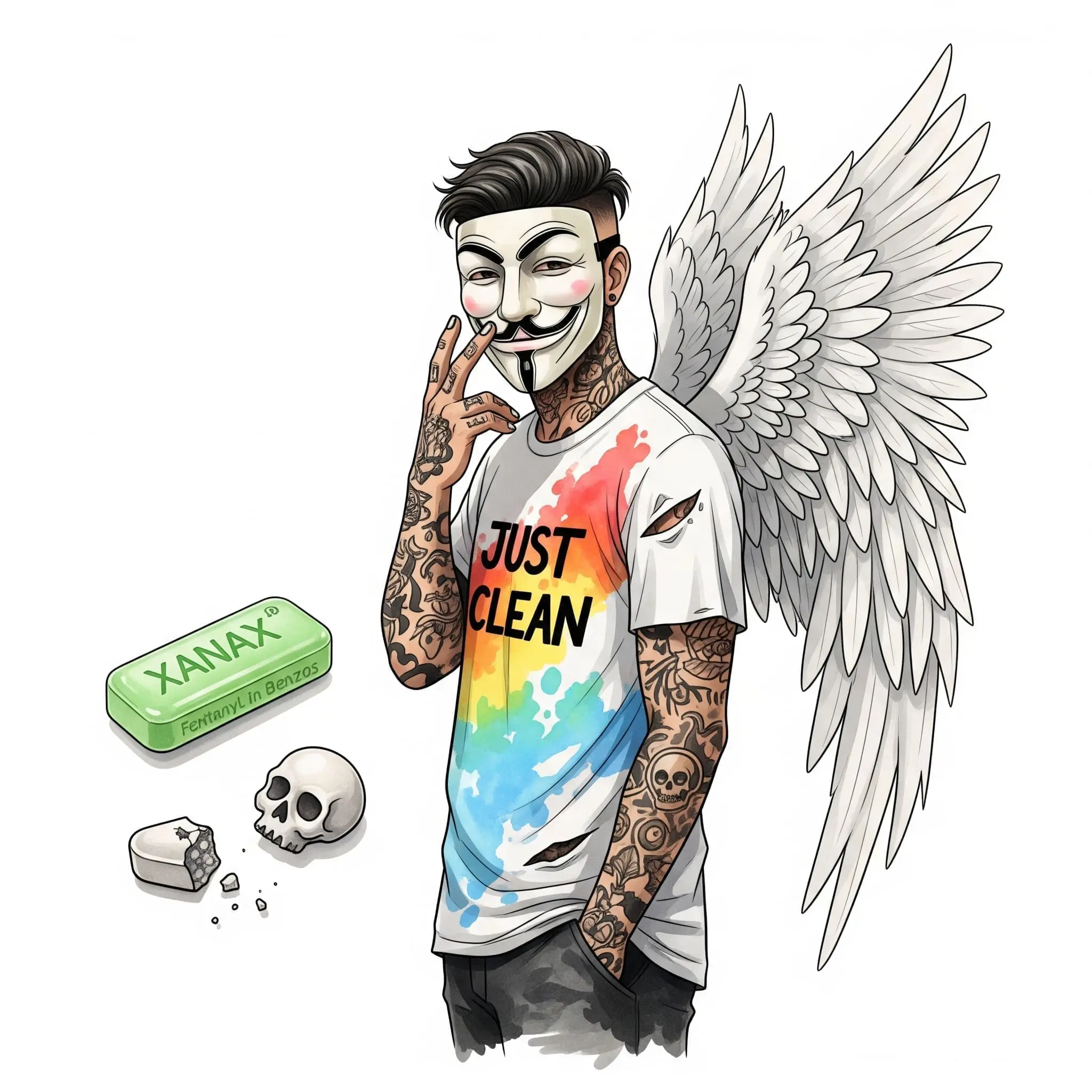 Eine einzelne Pille, die wie eine originale Xanax-Bar aussieht, liegt neben einer fast identischen, aber leicht zerbröselten Pille in Form eines Totenkopfs. Symbolisiert die Gefahr von Fälschungen. "gefälschte Xanax", "Fentanyl in Benzos", "Schwarzmarkt Drogen"