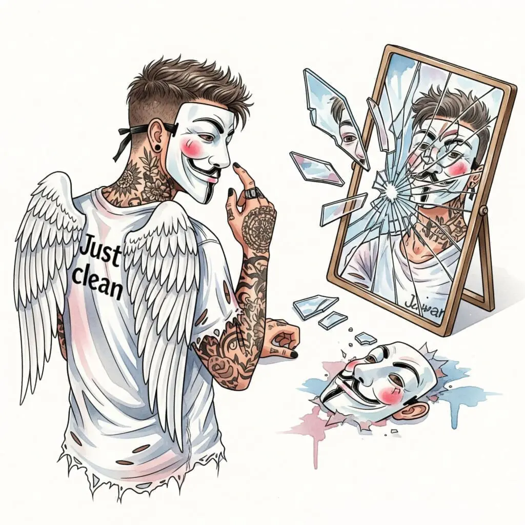 Ein zerbrochener Spiegel. In den Scherben sieht man nur fragmentierte, verzerrte Teile eines Gesichts. Symbolisiert die gestörte Selbstwahrnehmung und das zerbrochene Ich. "Körperbildstörung", "verzerrte Wahrnehmung Magersucht", "psychische Erkrankung"