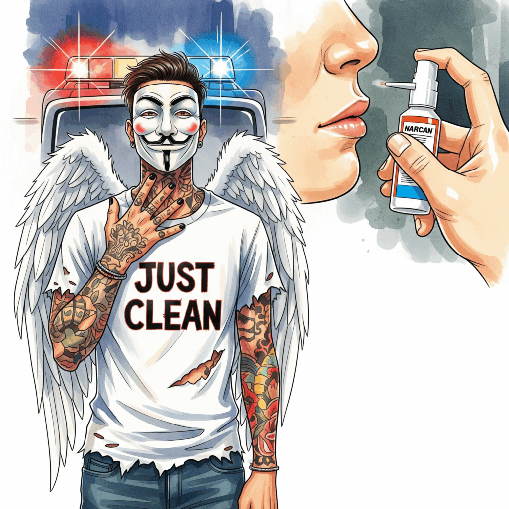 Eine Nahaufnahme einer Person, die einen Naloxon (Narcan) Nasenspray anwendet. Die Szene sollte dringend und ernst wirken, im Hintergrund Blaulicht. "Naloxon Anwendung", "Narcan bei Überdosis", "Fentanyl Gegenmittel"