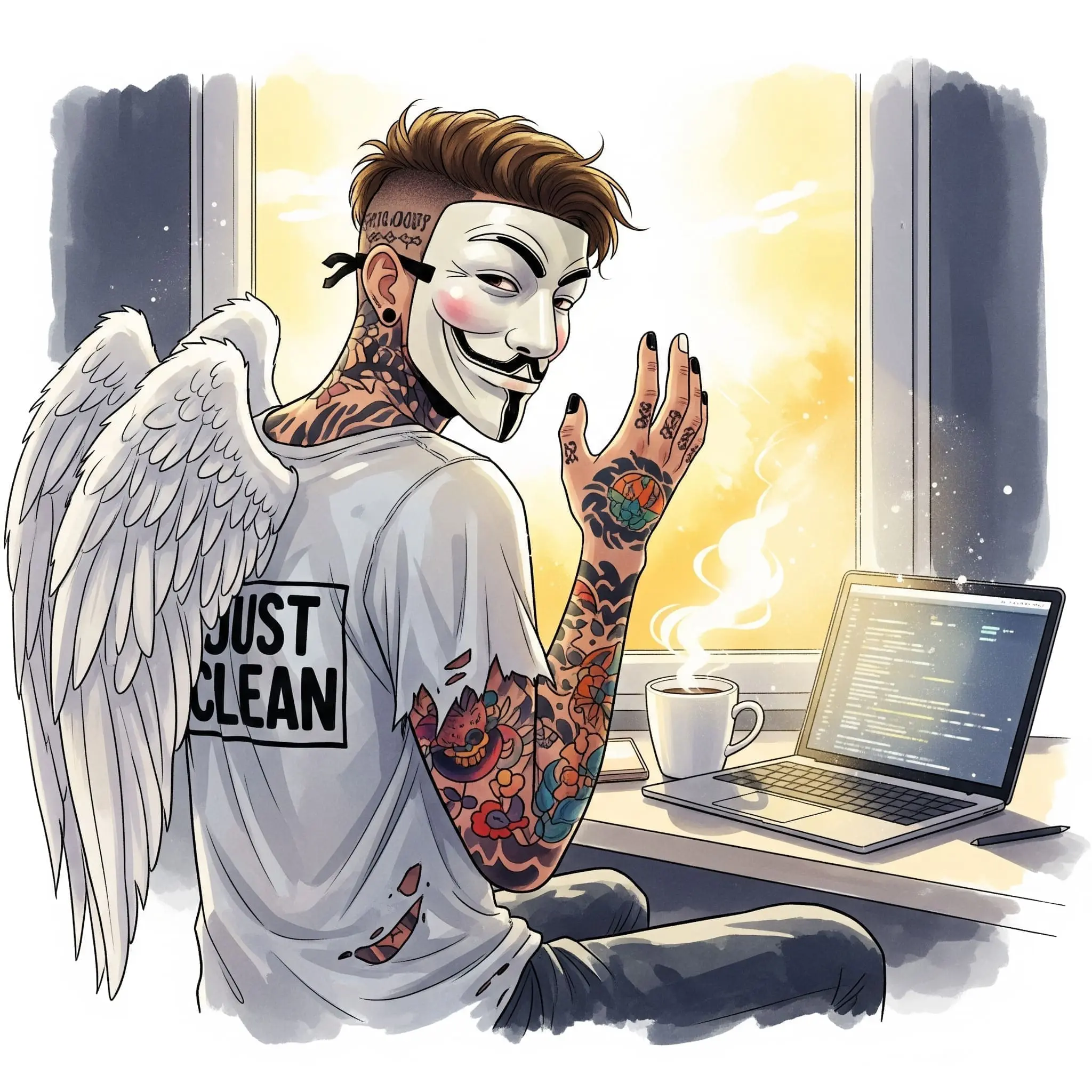 Eine dampfende Tasse Kaffee oder Tee steht neben einem Laptop, auf dem Code oder Text zu sehen ist. Die Morgensonne scheint herein. Symbolisiert den produktiven und strukturierten Start in den Tag."guter Start in den Tag", "cleaner Alltag", "Motivation am Morgen"