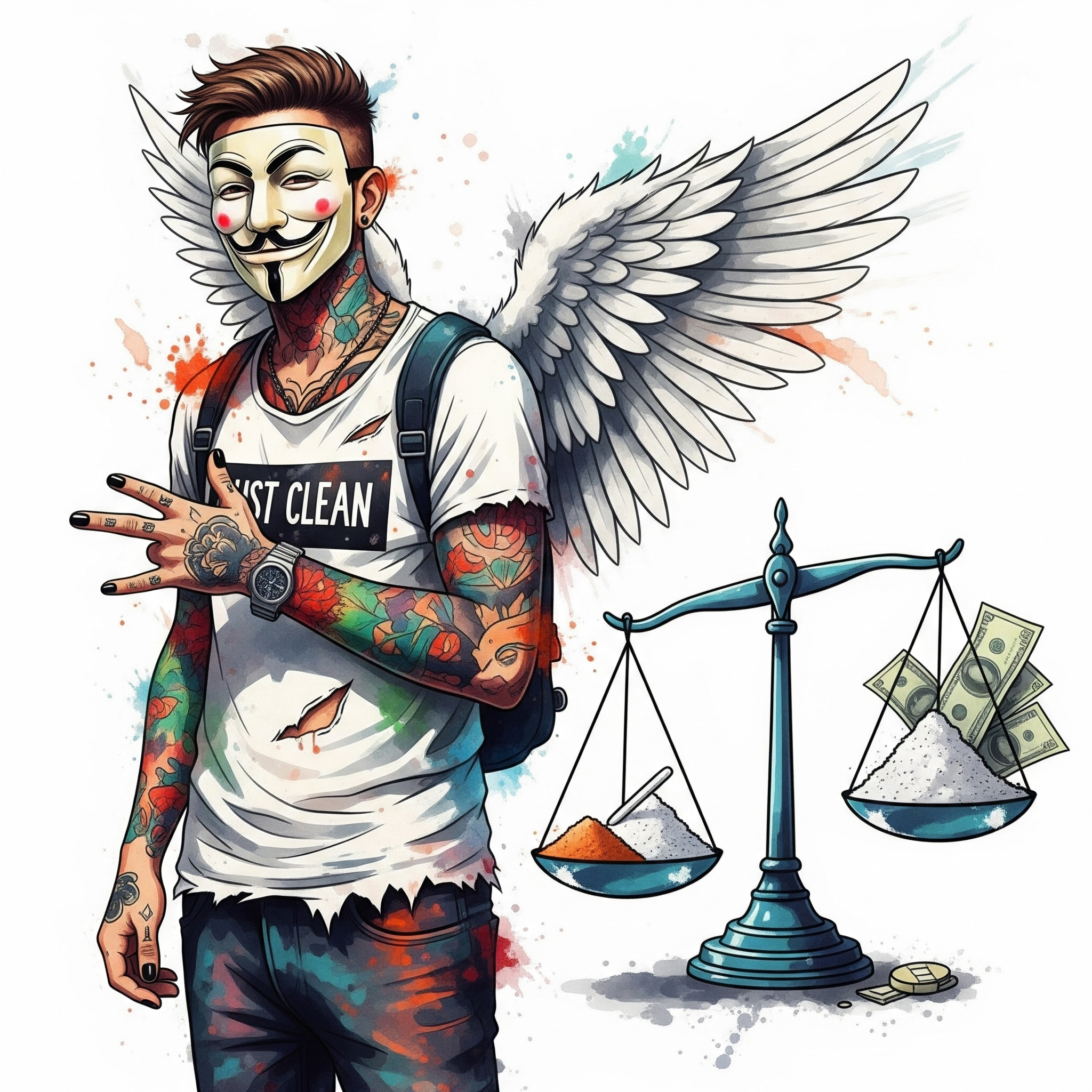 Eine stilisierte Grafik einer Waage. Auf der einen Seite liegt ein kleines Häufchen Kokain. Auf der anderen Seite liegt ein viel größerer Haufen Levamisol-Pulver und Geldscheine. Symbolisiert das Strecken aus Profitgier. "Kokain gestreckt", "Levamisol als Streckmittel", "Gefahren von Streckmitteln"
