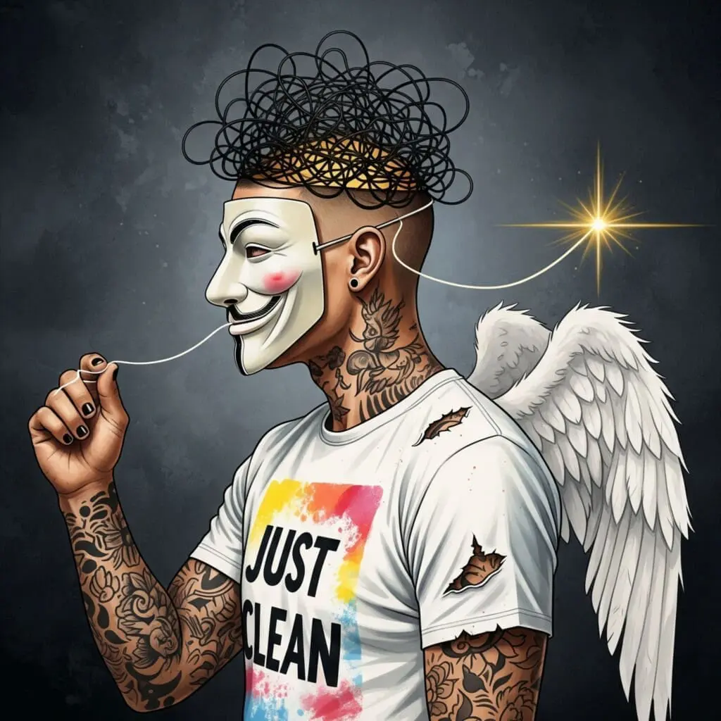 Ein Kopf im Profil, in dem sich ein dunkler, chaotischer Knoten aus Fäden befindet, während von außen ein einzelner, heller Faden versucht, Ordnung zu schaffen. Symbolisiert den inneren Kampf und das Festhalten an positiven Gedanken. "innerer Kampf Sucht", "Umgang mit toxischen Menschen", "Gedankenkarussell stoppen"