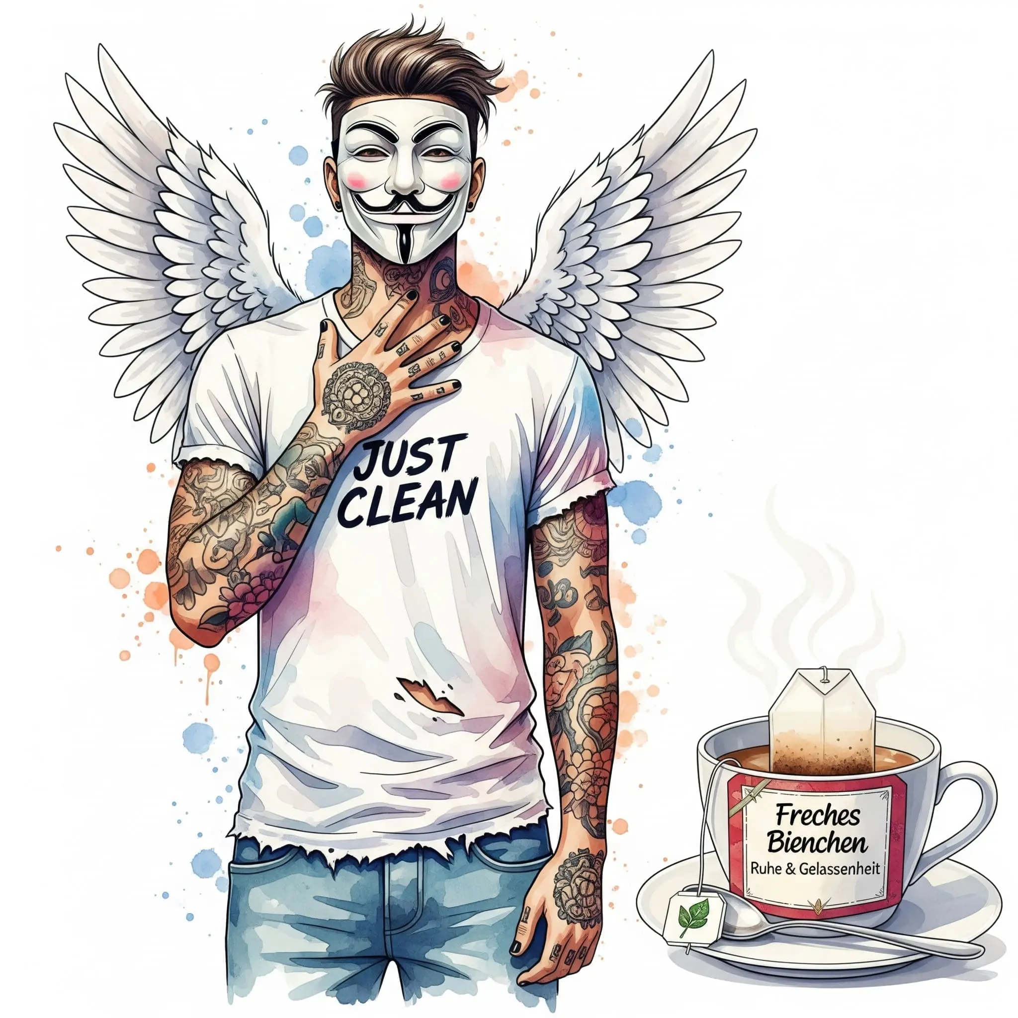 Ein einzelner, dampfender Teebeutel in einer Tasse mit dem Etikett "Freches Bienchen" oder einfach "Ruhe & Gelassenheit". Symbolisiert den Skill, sich nach einer Stresssituation selbst zu beruhigen. "sich beruhigen Skill", "Stress im Alltag", "Tee trinken"