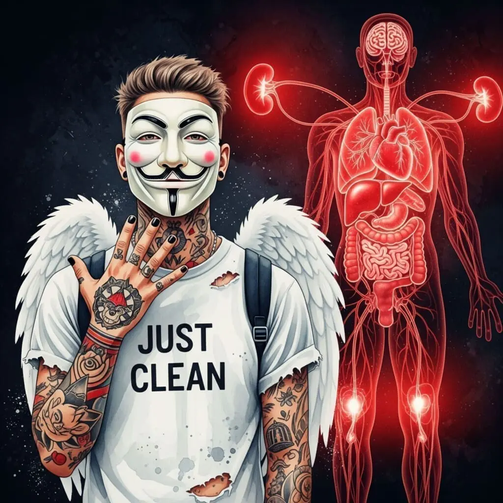 Eine stilisierte Grafik eines menschlichen Körpers, bei der die Lunge, das Herz, die Leber, die Nieren und das Gehirn rot aufleuchten. Symbolisiert die vielfältigen Organschäden. "Organschäden durch Drogen", "gesundheitliche Risiken Äther", "giftige Wirkung von Drogen"