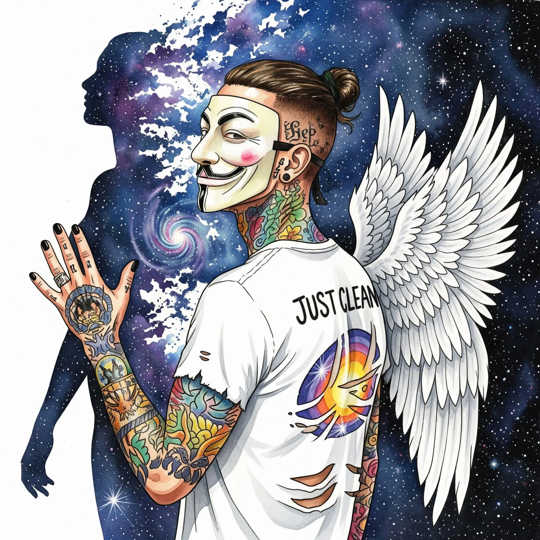 Eine abstrakte, kosmische Grafik. Eine menschliche Silhouette löst sich in ein Meer aus Sternen und Licht auf. Symbolisiert die Ego-Auflösung und die Intensität der Erfahrung. "5-MeO-DMT Erfahrung", "Ego-Tod", "psychedelischer Trip"