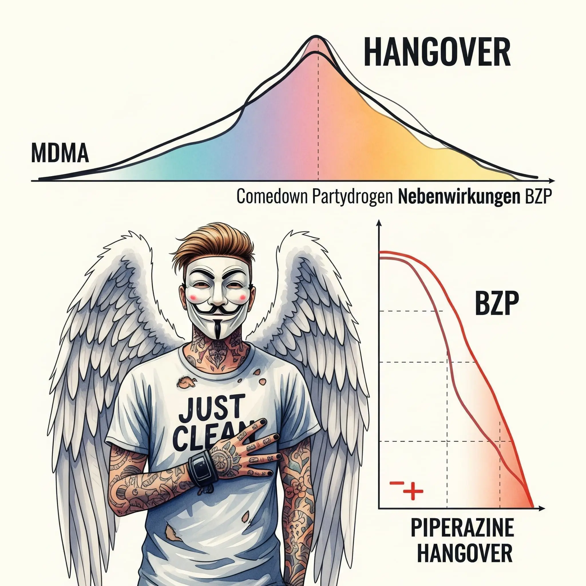 Eine Grafik, die den Verlauf eines "Katers" zeigt. Eine Kurve für MDMA geht nach dem Rausch relativ schnell wieder nach oben. Eine andere Kurve für BZP stürzt tief ab und bleibt für einen sehr langen Zeitraum im negativen Bereich. Symbolisiert den "Piperazin-Kater". "BZP Kater", "Comedown Partydrogen", "Nebenwirkungen BZP"