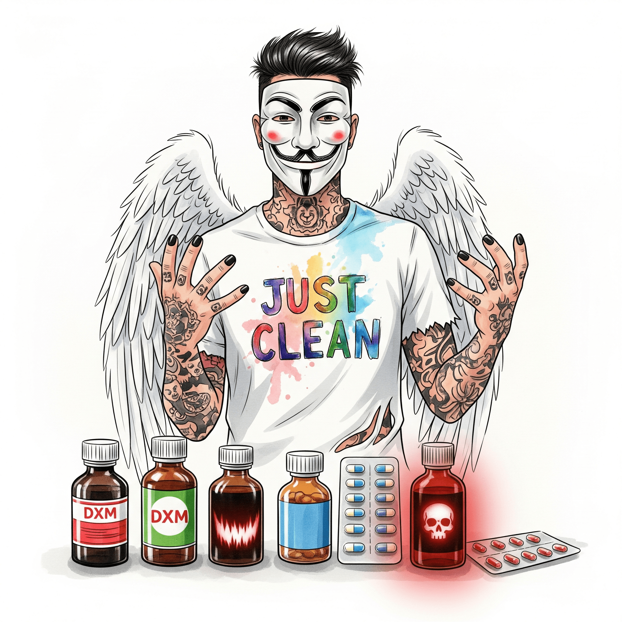 Eine Reihe von gewöhnlichen Hustensaft-Flaschen und Tabletten-Blistern. Eine der Flaschen leuchtet aber bedrohlich rot oder hat ein Totenkopf-Symbol auf dem Etikett. Symbolisiert die versteckte Gefahr in alltäglichen Produkten."DXM als Droge", "Hustenstiller Missbrauch", "Gefahr aus der Apotheke"