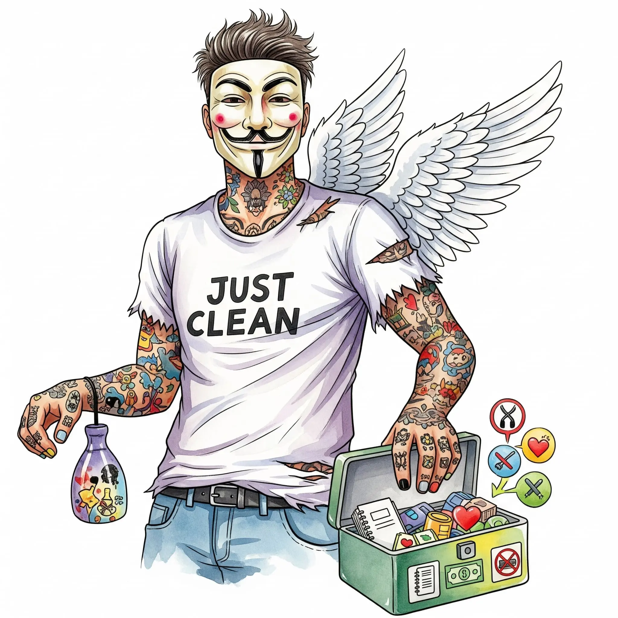 Eine Hand, die eine kleine, bunte Werkzeugkiste öffnet. In der Kiste liegen Symbole für die verschiedenen Skills (z.B. ein Notizbuch, ein Herz, ein Geldschein mit einem Strich durch). Symbolisiert den erlernten Werkzeugkasten. "Skills für den Entzug", "Werkzeuge gegen Sucht", "Recovery Tools"