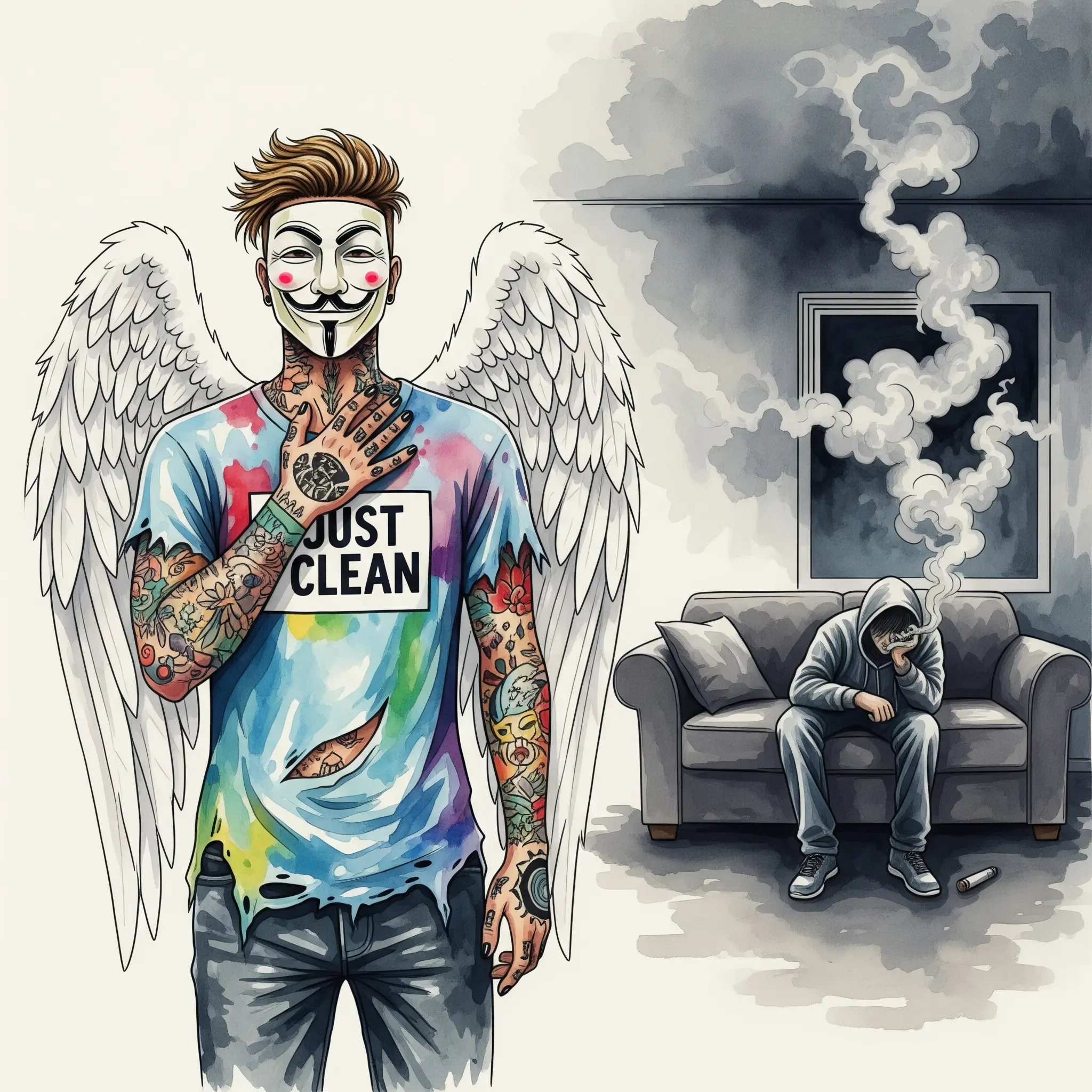 Eine Person sitzt apathisch auf einem Sofa in einem abgedunkelten Raum. Rauchschwaden umgeben sie. Symbolisiert die Antriebslosigkeit und soziale Isolation durch chronischen Konsum. "Cannabisabhängigkeit", "Langzeitfolgen Kiffen", "Antriebslosigkeit durch Cannabis"