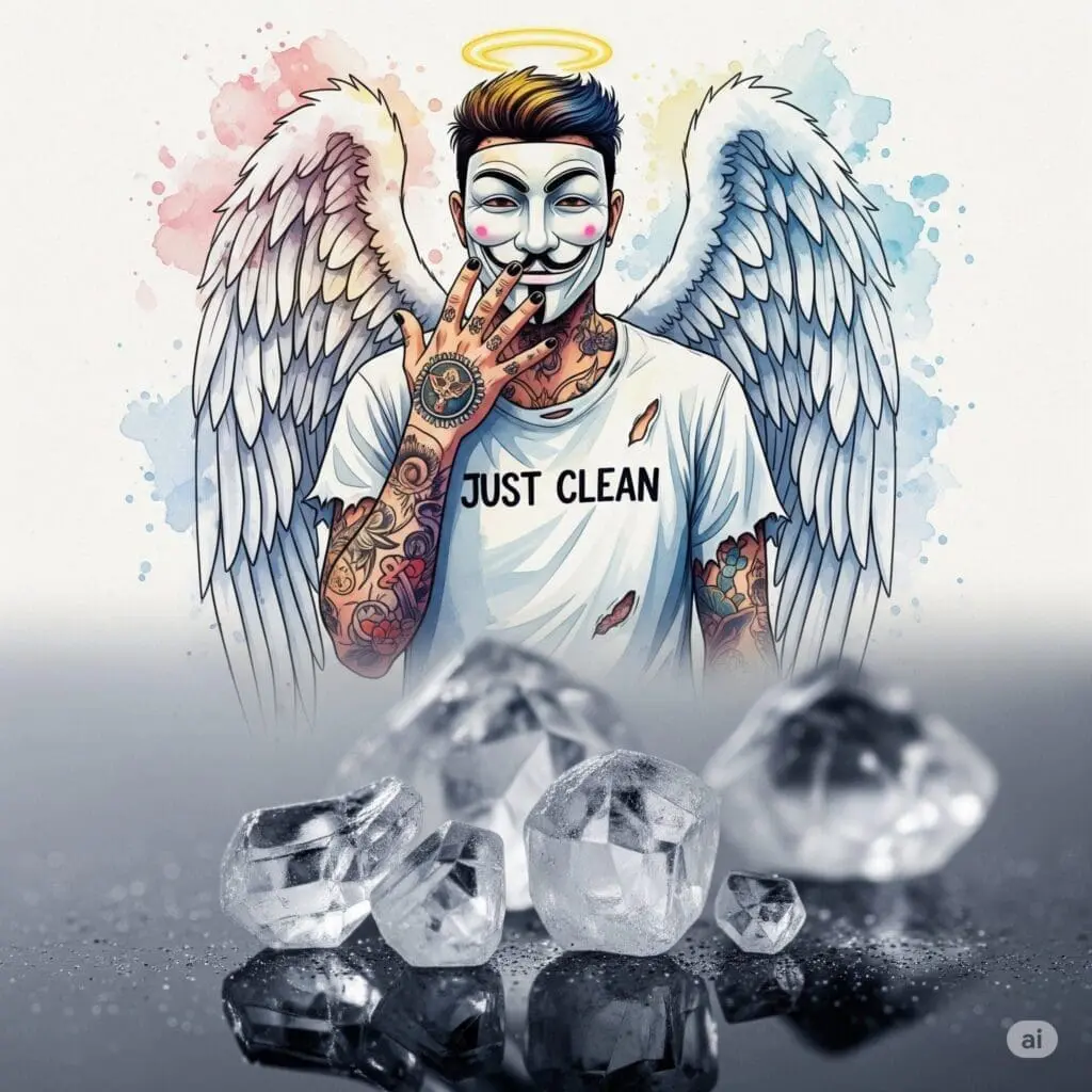 Eine Nahaufnahme von klaren, scharfkantigen Kristallen, die auf einer dunklen, spiegelnden Oberfläche liegen. Die Szene sollte kalt und klinisch wirken. "Crystal Meth Kristalle", "Methamphetamin Droge", "Ice Droge"