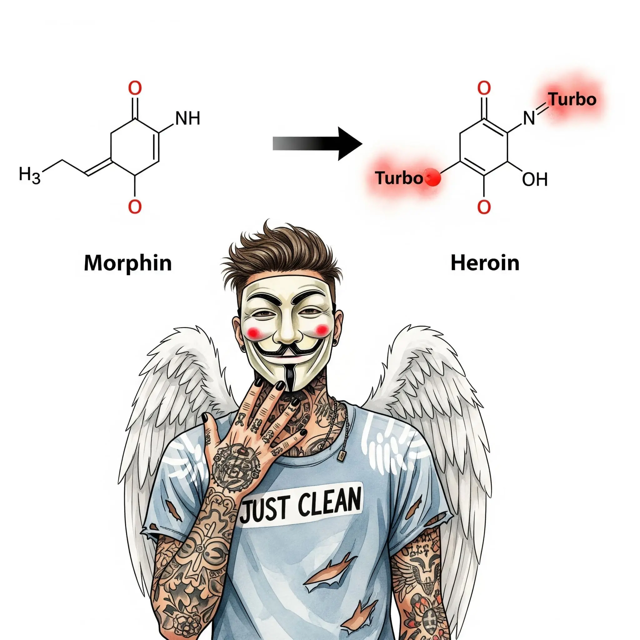 Eine stilisierte Grafik. Links ein einfaches Molekül mit der Aufschrift "Morphin". Ein Pfeil zeigt nach rechts zu einem fast identischen Molekül, an dem aber zwei kleine, rot leuchtende "Turbo"-Gruppen hängen. Die Aufschrift hier ist "Heroin". Symbolisiert den Tuning-Prozess. "Acetylierung von Morphin zu Heroin", "chemischer Prozess Drogen", "Unterschied Morphin Heroin"