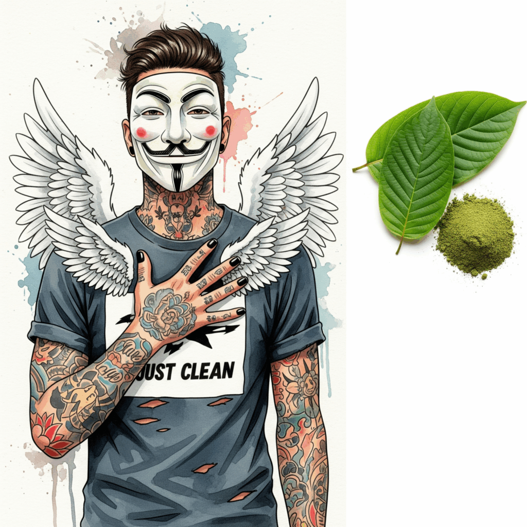 Eine Nahaufnahme von frischen, grünen Kratom-Blättern. Daneben liegt ein kleiner Haufen des fein gemahlenen, grünen Pulvers. Symbolisiert das Ausgangsprodukt und die Konsumform. "Kratom Blätter", "Mitragyna speciosa", "Kratom Pulver"