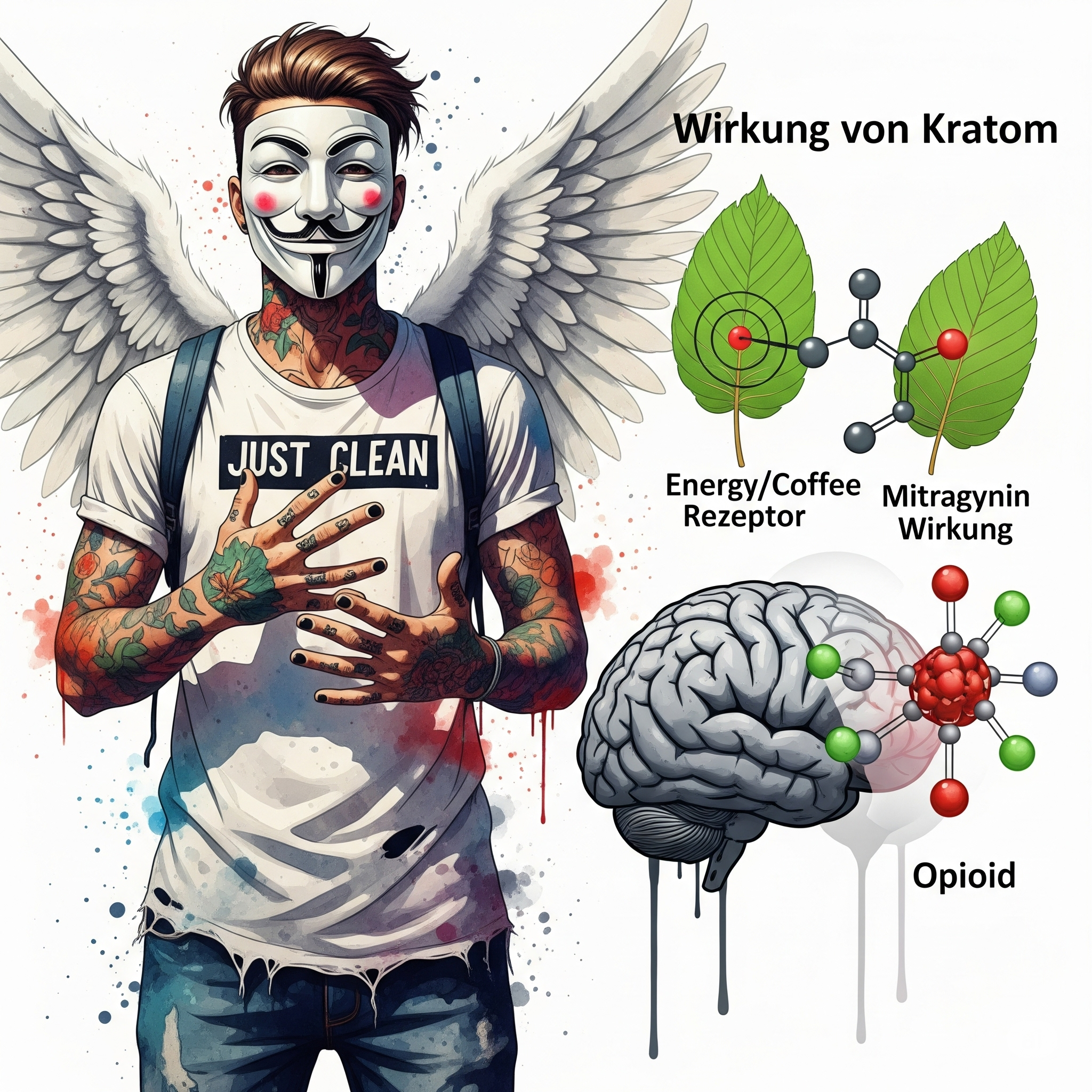 Eine stilisierte Grafik eines Gehirns mit zwei verschiedenen, angedockten Molekülen. Eines aktiviert einen "Energie/Kaffee"-Rezeptor (symbolisch), das andere einen "Opioid"-Rezeptor. Symbolisiert die duale Wirkung. "Wirkung von Kratom", "Kratom Opioid-Rezeptor", "Mitragynin Wirkung"