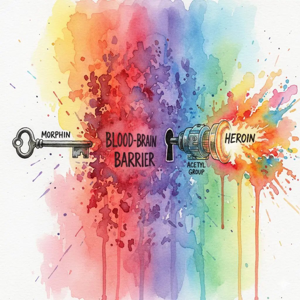 Künstlerische Darstellung, wie Acetylierung Morphin in Heroin verwandelt, das die Blut-Hirn-Schranke überwindet wie ein Master-Key.