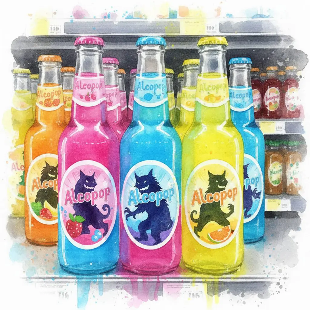 Bunte Alcopop-Flaschen im Kühlregal, die ihre alkoholische Gefahr hinter süßem Design verbergen.